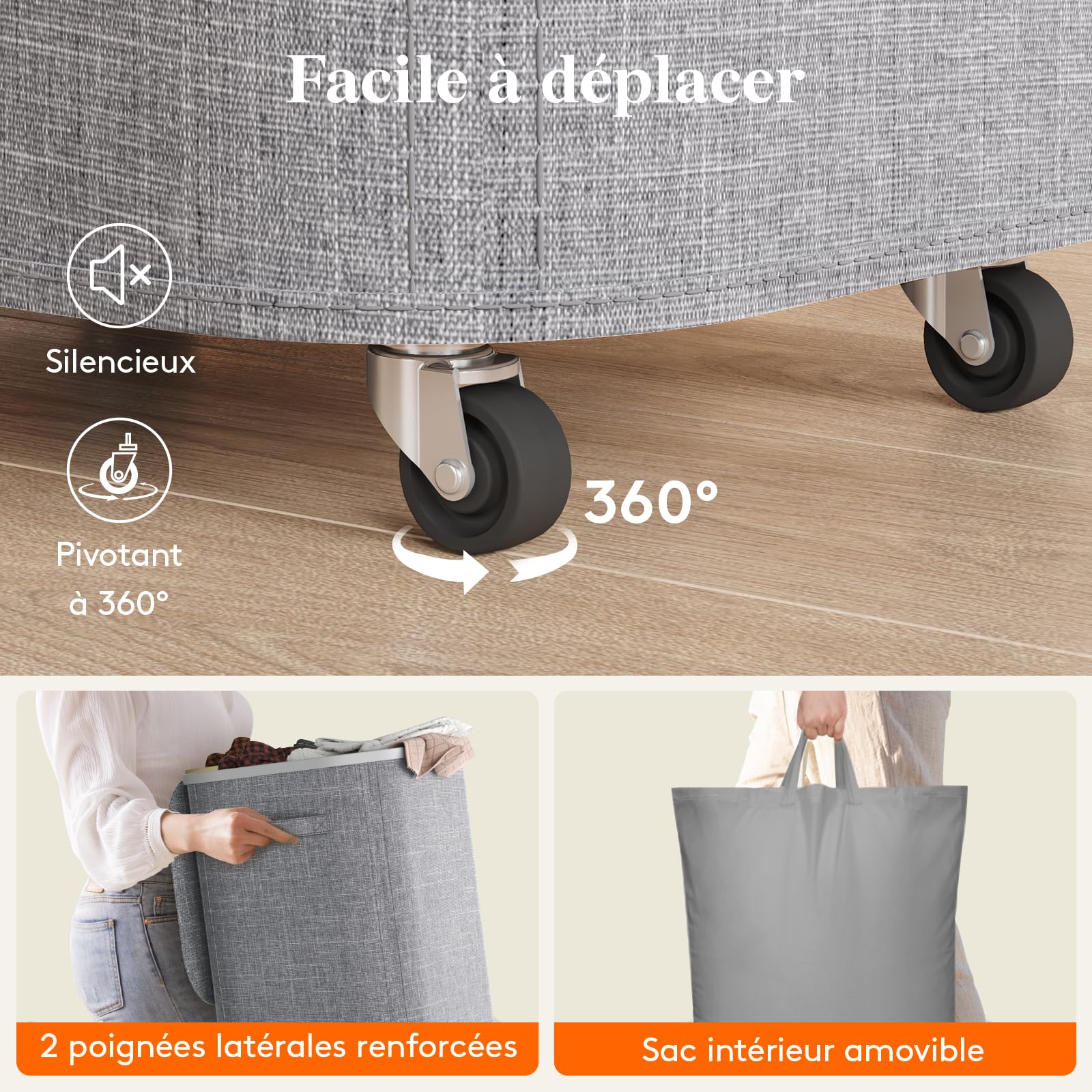 Lifewit Panier a Linge Sale avec Couvercle et Roulettes, Corbeille Linge Pliable avec Sac Amovible, Bac Linge, Laundry Basket pour Chambre, Salle de Bain, Buanderie, 105L, Gris Clair