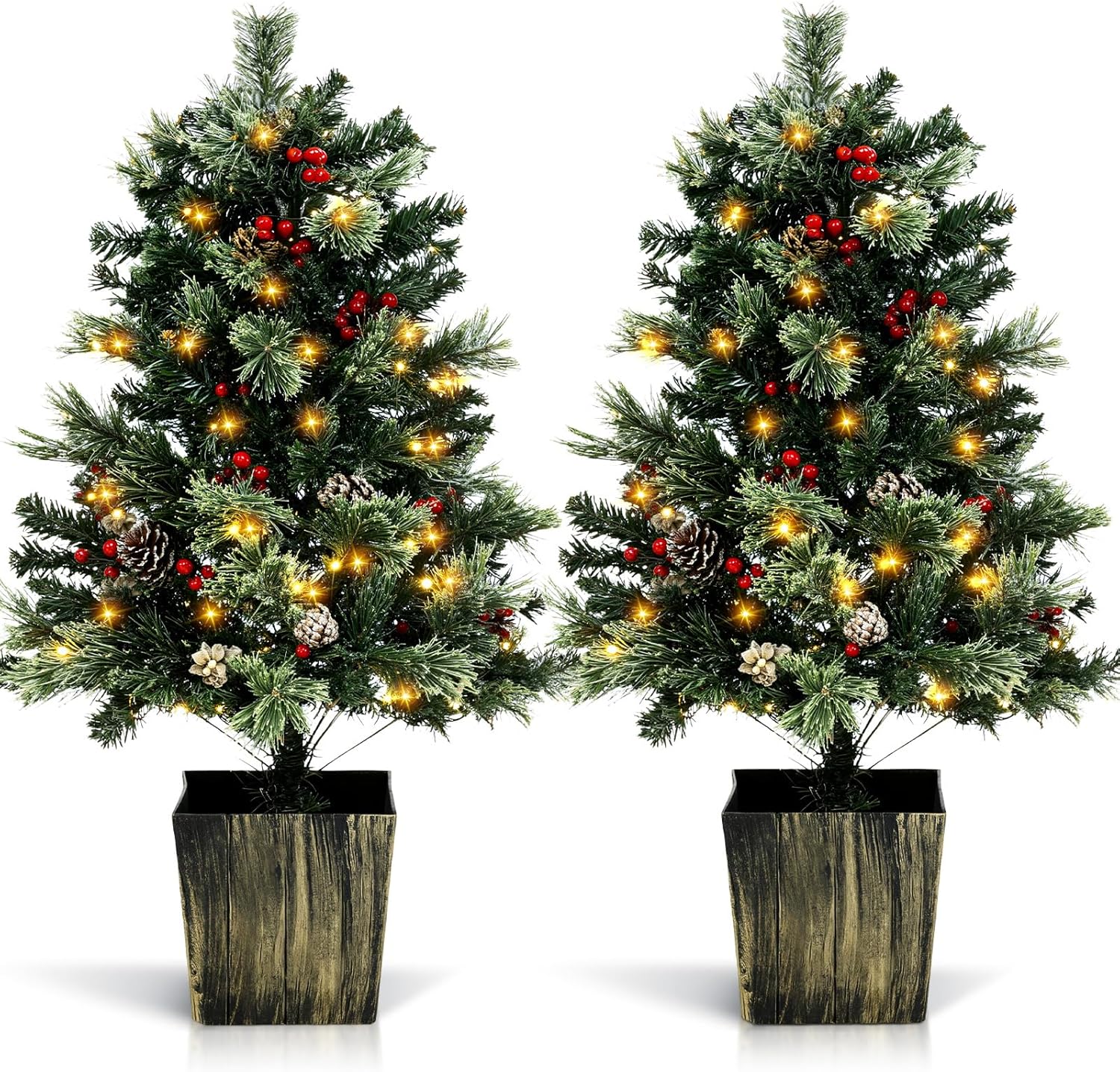 2 Pack 4FT Small Mini Pre-Lit Christmas Trees Potted Artificial with 160 Lush Branch Tips 100 LED Warm Lights, Pine Cones and Berries for Holiday Xmas Gift Home Decor, 8-Mode Timer Battery Box