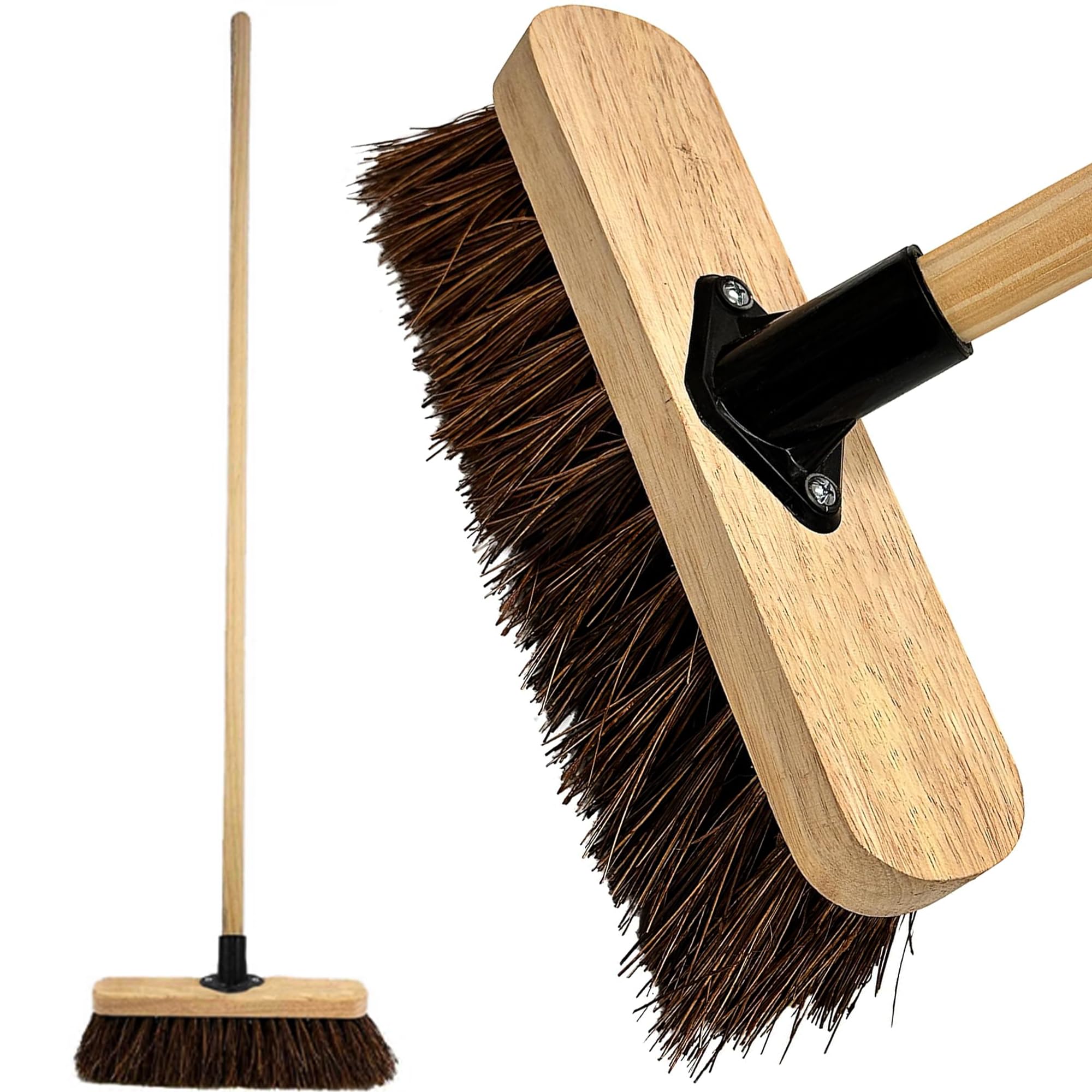 10” Outdoor Garden Broom with Wooden Handle Natural Stiff Bassine Hard Bristle with Durable Support Bracket Yard Brush Heavy Duty Broom Outdoor Cleaning Sweeping (PACK OF 1)