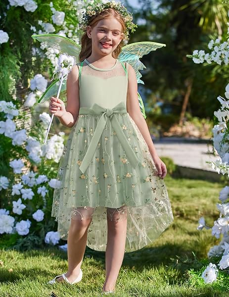 Arshiner Mädchenkleider Ärmelloses Kinder Sommer Party Festliches Hochzeitskleid Kommunionkleid Brautjungfernkleid Geburtstagskleid Tüllkleid mit asymmetrischem Saum und Gürtel 6-15 Jahre - 2