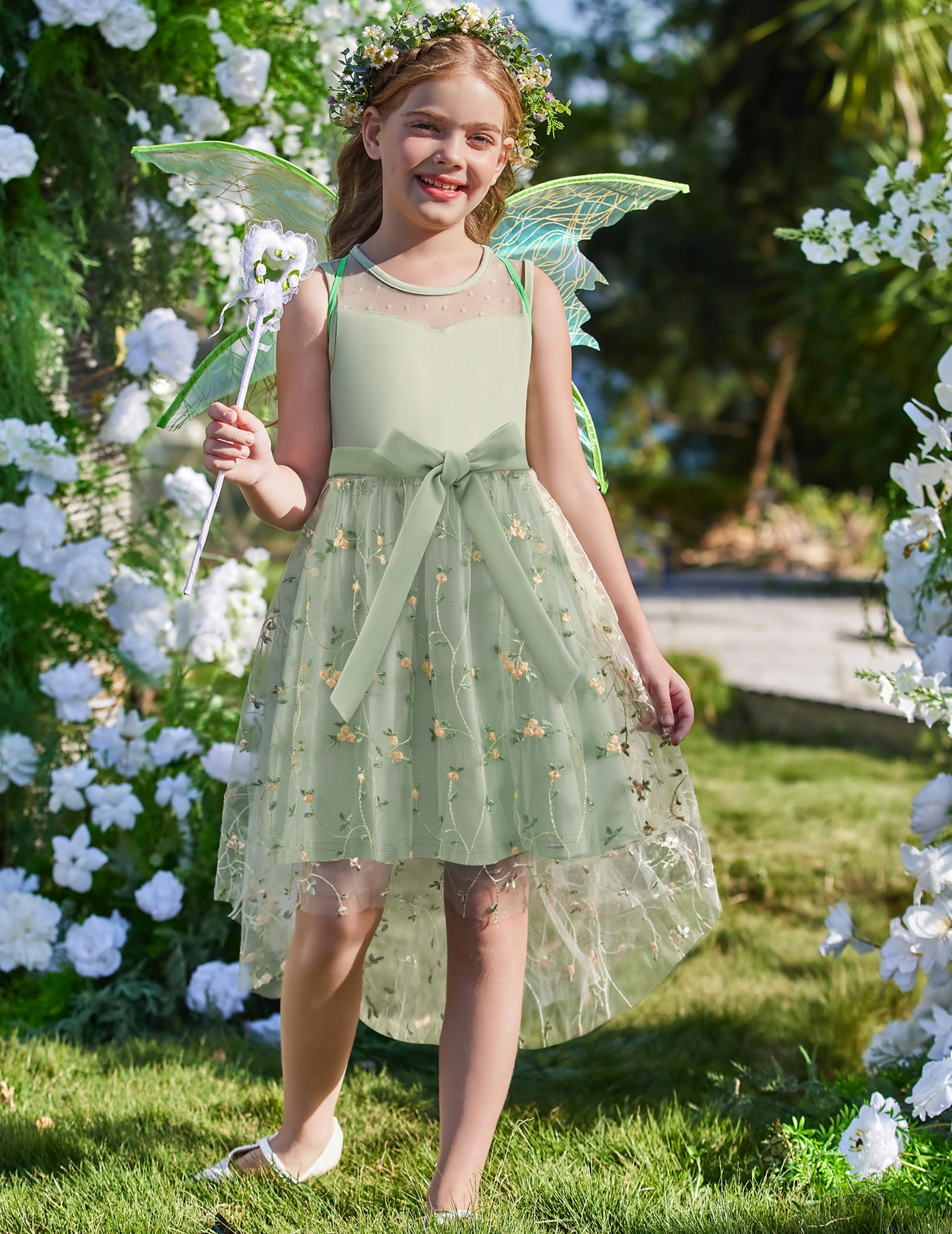 Arshiner Mädchenkleider Ärmelloses Kinder Sommer Party Festliches Hochzeitskleid Kommunionkleid Brautjungfernkleid Blumenmädchenkleider Tüllkleid mit asymmetrischem Saum und Gürtel 6-15 Jahre - 2