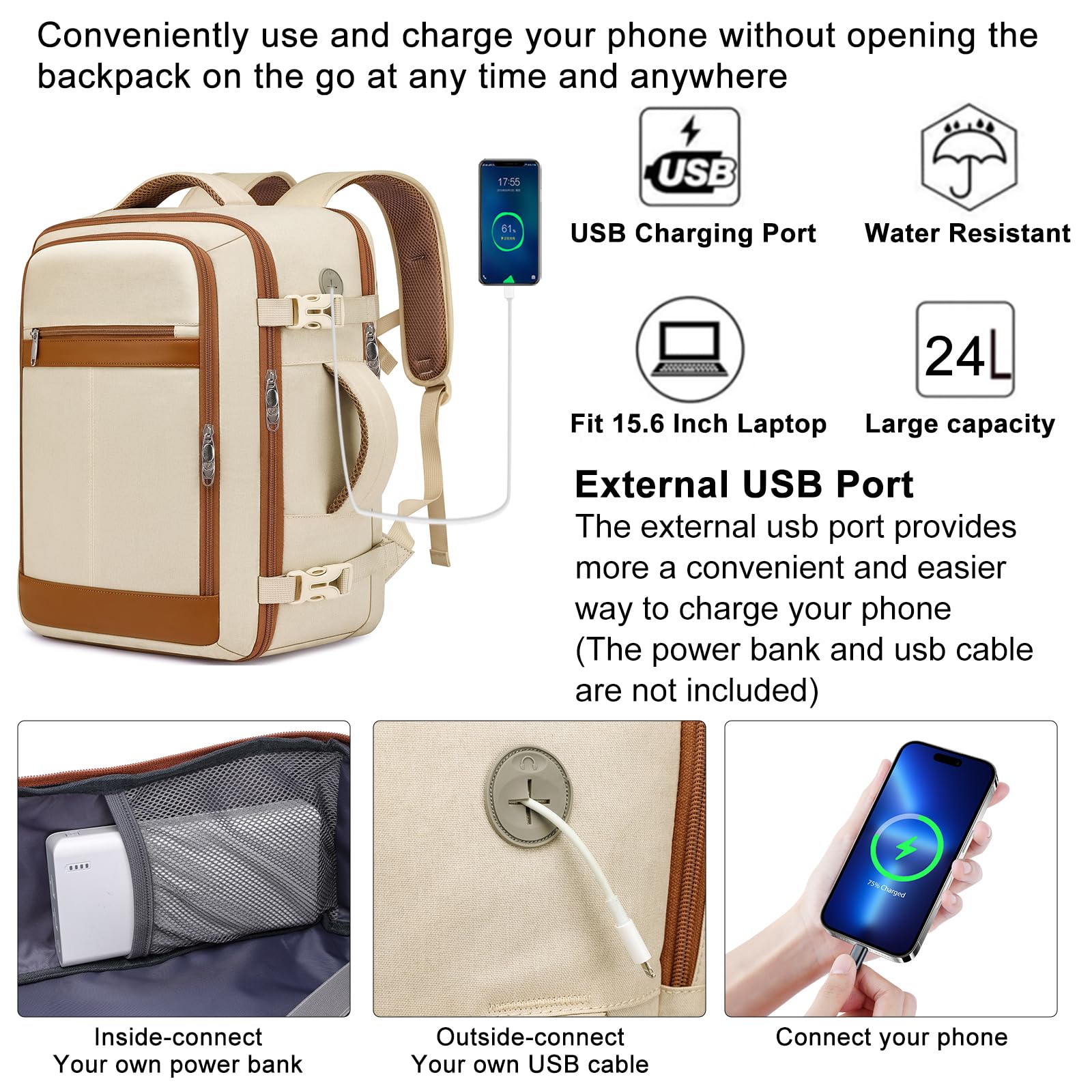 Travel Backpack for Women Airline Approved Carry On Backpack with Shoe Pouch,TSA 15.6inch Laptop Mochila Flight Approved Personal Item Bag for Weekender Overnight Bags Bookbag Travel Essentials,Beige — view 5