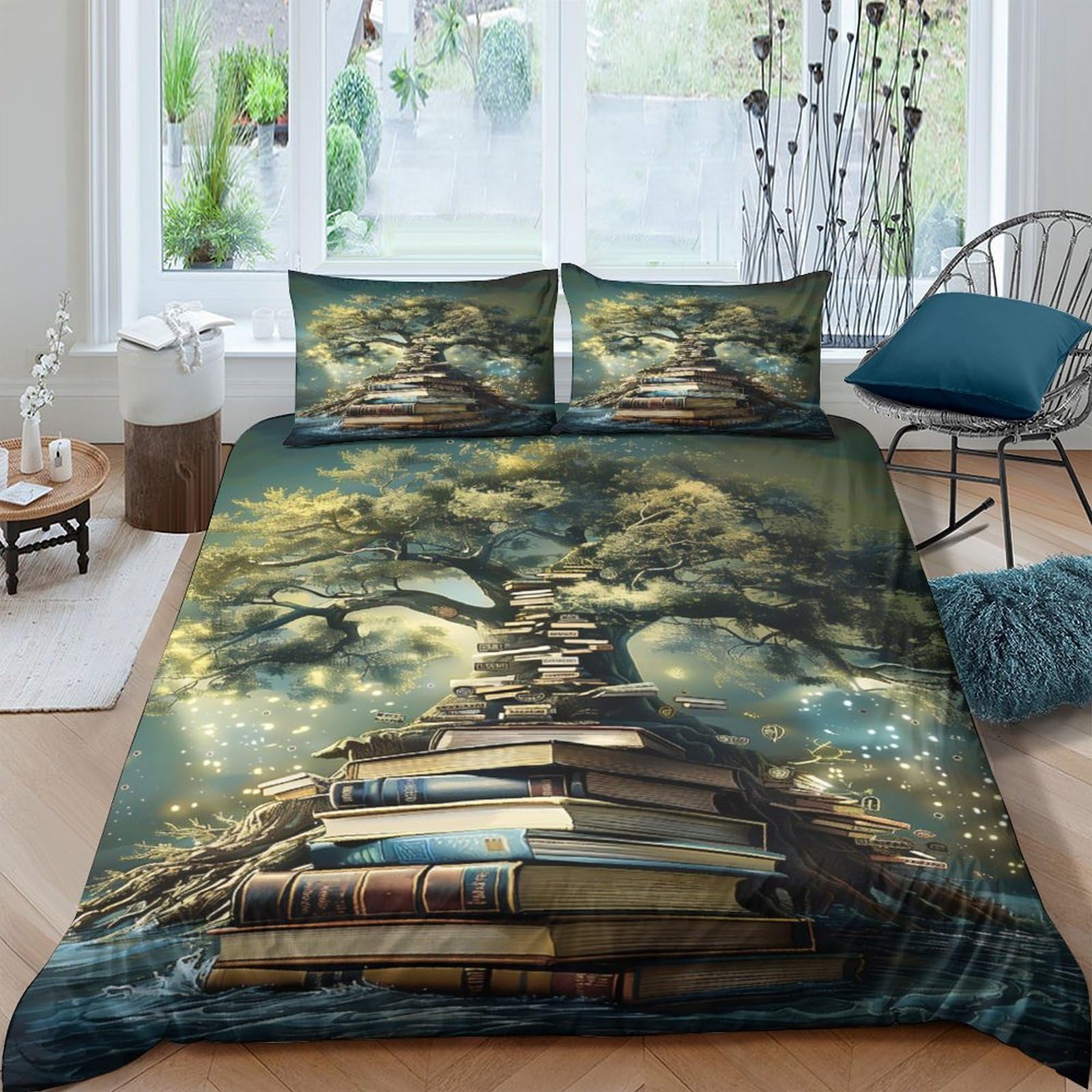 Ctjqhvkz Style-2 3D Printed Ancient Tree Fitted Sheet Microfiber Soft Breathable Book Stack Mattress Cover For Bedroom Guest Room Decor Single（135X200cm）