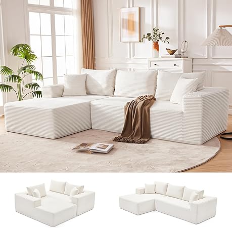 110” Cloud Sectional Couch, Modular Sectional Sofa for Living Room, Boneless Sofa with Deep Seat, Comfy Fluffy Couch with L-Shaped Chaise, No Assembly Required (Left-Facing Chaise, Beige)