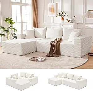 110” Cloud Sectional Couch, Modular Sectional Sofa for Living Room, Boneless Sofa with Deep Seat, Comfy Fluffy Couch with L-Shaped Chaise, No Assembly Required (Left-Facing Chaise, Beige)
