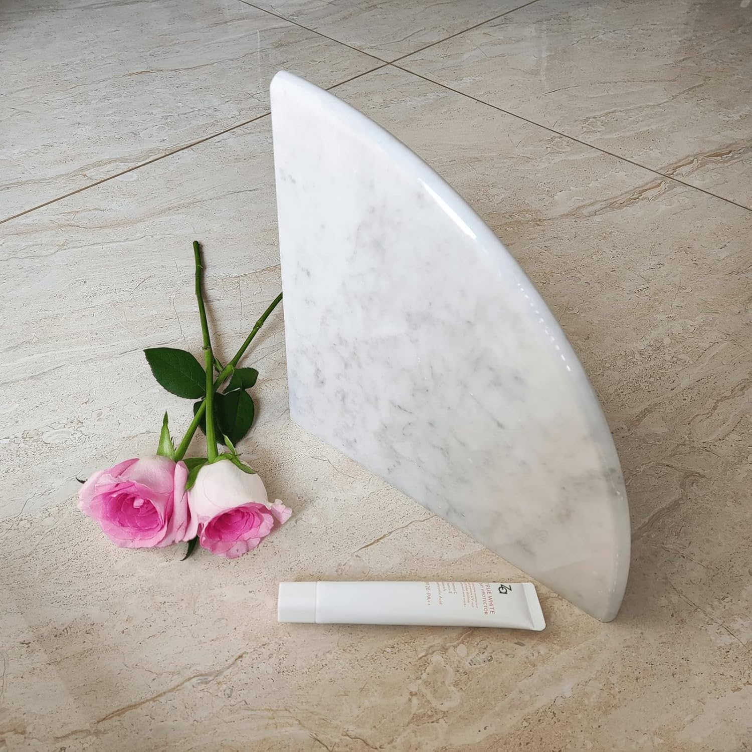 2 pcs Marble Shower Corner Shelf for Bathroom, 9'' Natural Marble Corner Shelves for Bath Wall Mounted Both Side Polished (2, Carrara White)