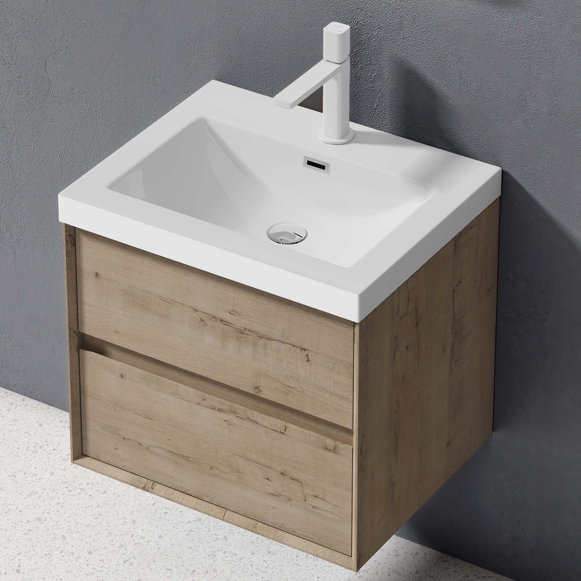 doporro Badmöbel Set Waschtischunterschrank Waschtisch mit Unterschrank Wandhängender Waschbecken-Unterschrank mit Soft-Close in Eiche Greige 60cm inkl. Mineralguss-Waschbecken Rimo