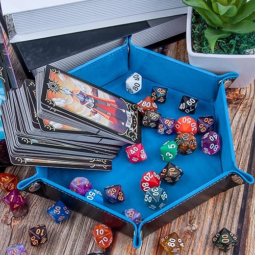 Miniatura 5 de SIQUK 2 bandejas de dados de piel sintética plegable hexagonal para juegos de dados como RPG, DND y otros juegos de mesa (violeta, azul cielo)