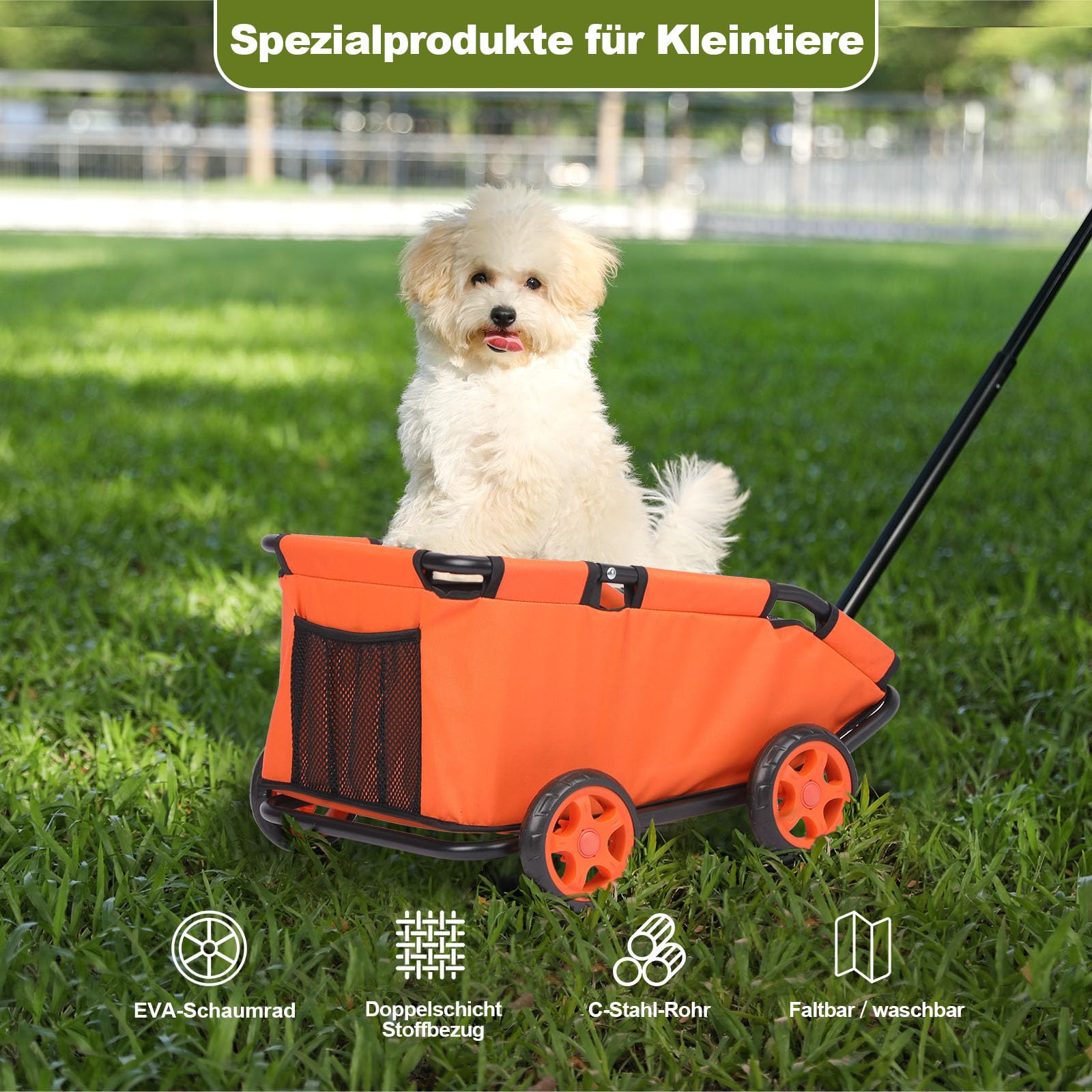 Passeggino per mini animali domestici, carrello della spesa pieghevole multifunzionale con maniglia estensibile, cuscino integrato e corda di sicurezza con borsa (arancione)