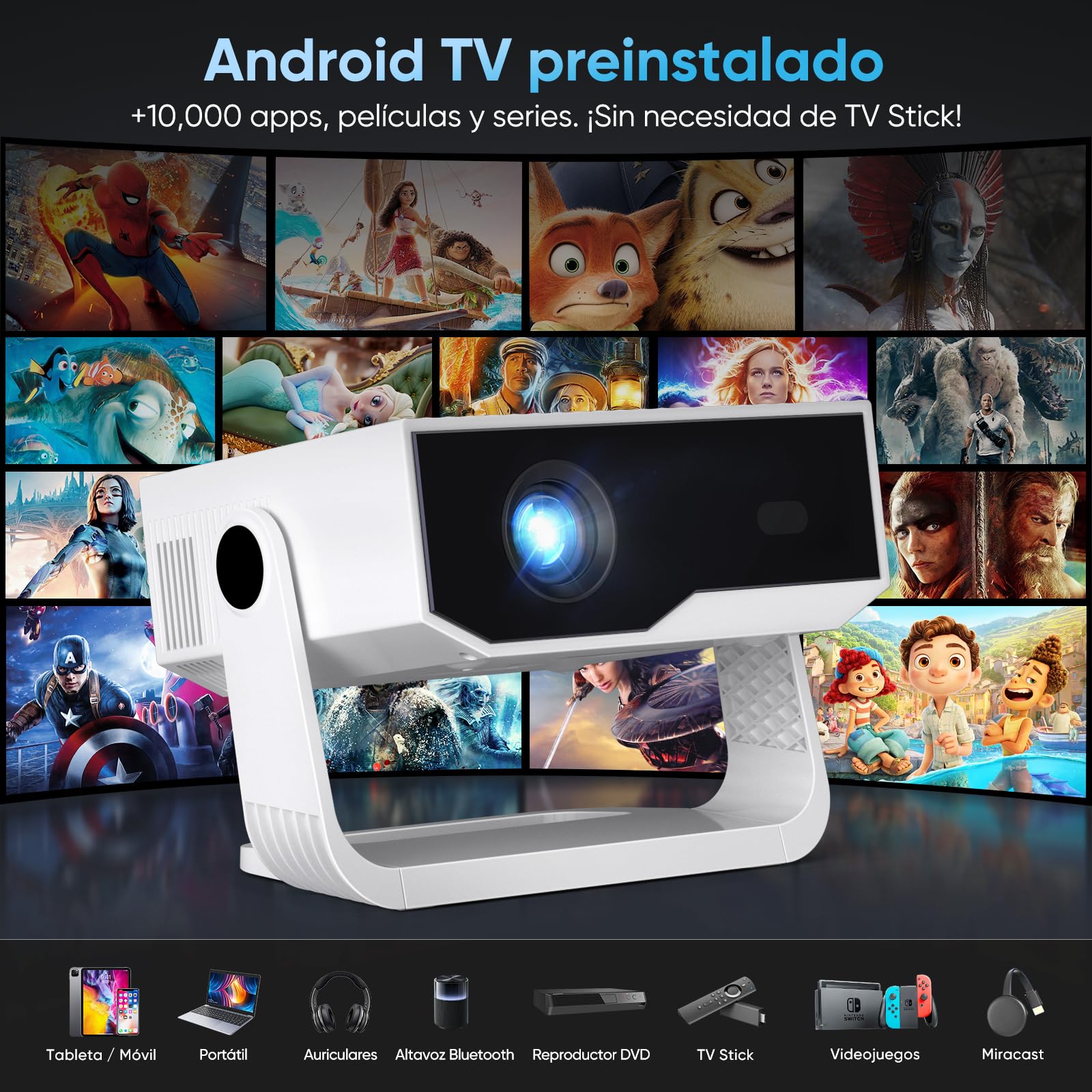 Upgraded 2026 Proyector ZDK Mini Portátil con Android TV, 270ANSI, Full HD 1080p Soporta 4K, WiFi 6 y Bluetooth 5.4, Corrección Trapezoidal Automática, Compatible con Móvil, PC, para Cine en Casa