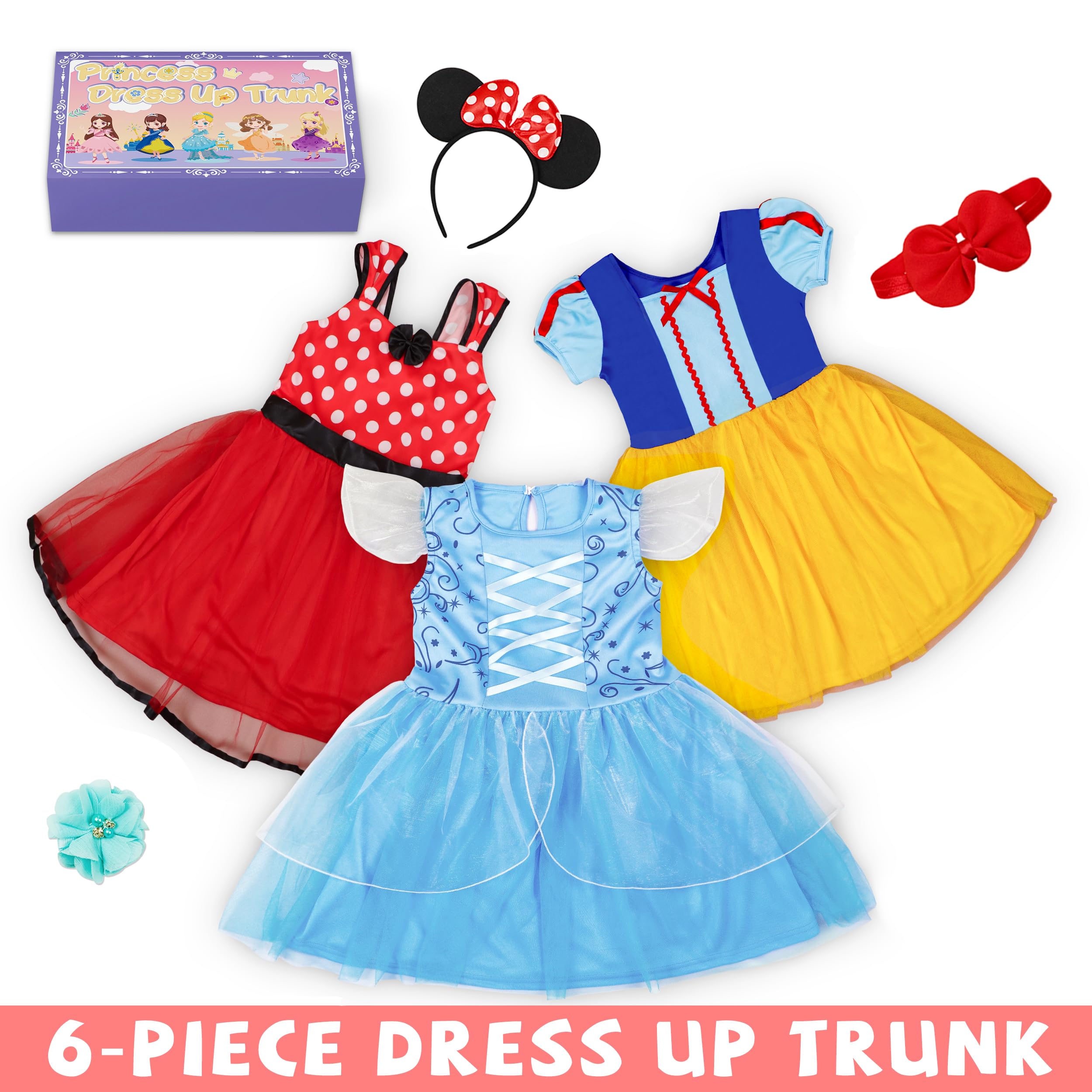 Princess Dress Up Trunk for Toddler Girls, 6 Pcs Fancy Costume Dresses Outfit Pack for Toddlers 2T 3-4T 4-6T