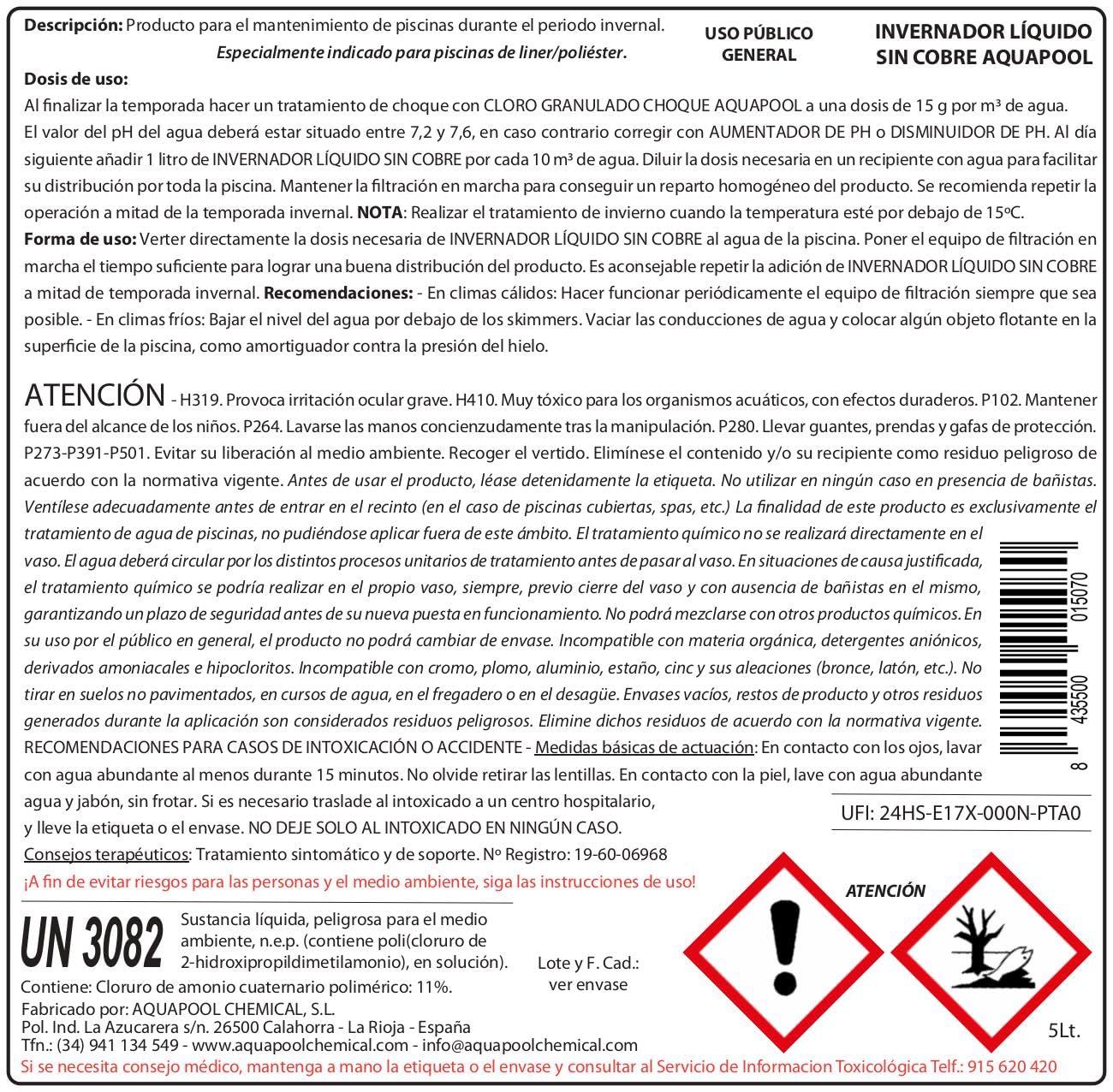 Pack 2 UDS - INVERNADOR LÍQUIDO SIN Cobre 10 litros (2x5 L.) para Piscinas de Obra Poliester/Liner y Salinas - Desinfectante y Algicida para el Tratamiento de Piscinas en Invierno