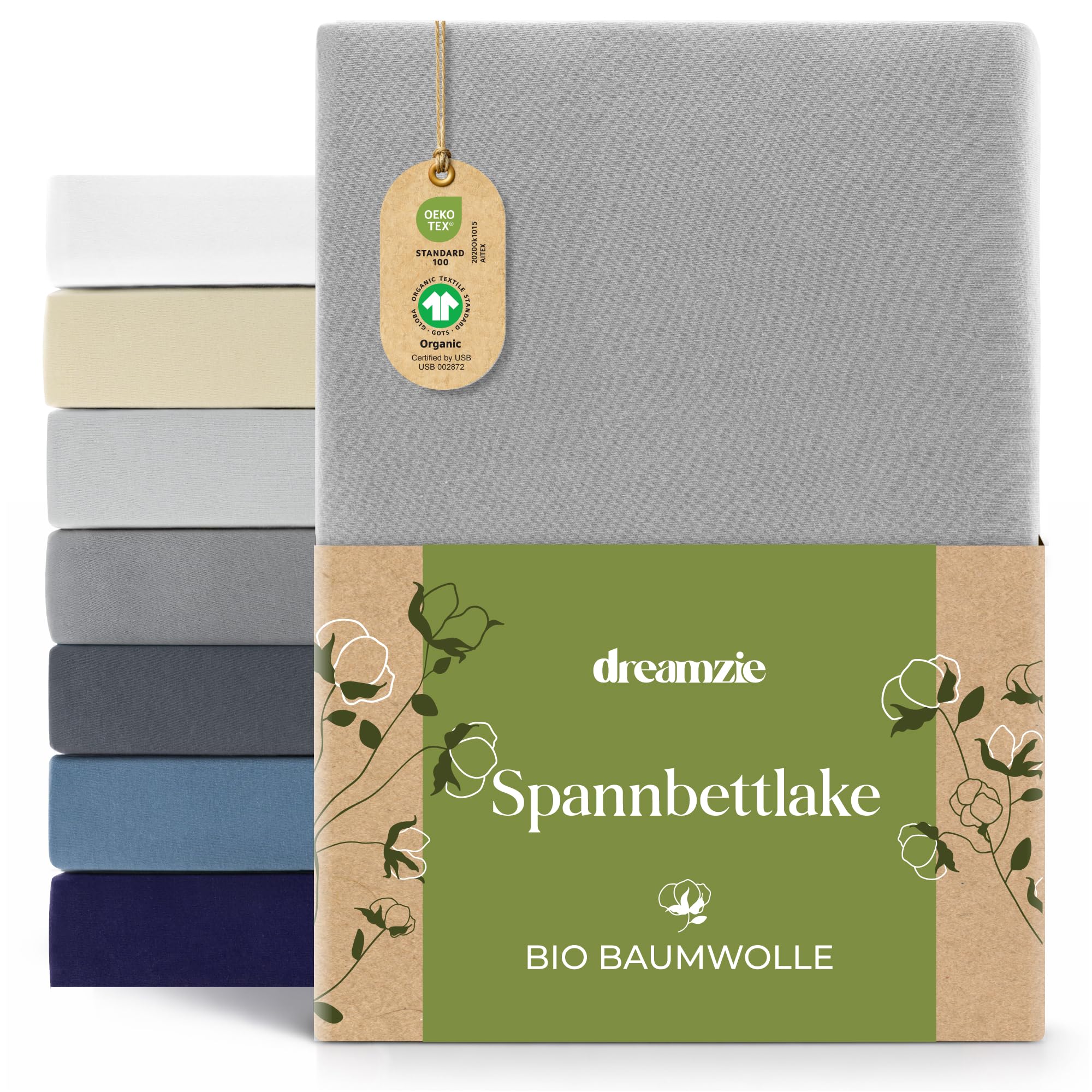 Dreamzie Premium Spannbettlaken 140x200cm bis 160x200cm Grau, Spannbetttuch aus 100% Jersey Biobaumwolle, 150 g/m² - Oeko-TEX