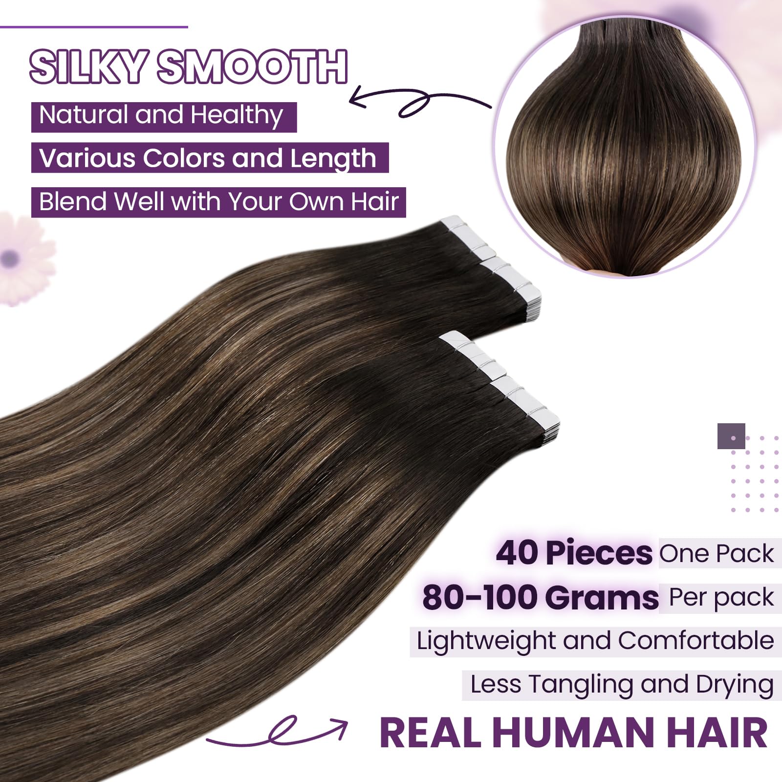 LaaVoo Tape in Hair Extensions Human Hair Dark Brown Tape Hair Extensions Real Human Hair Invisible Tapes Remy Straight Balayage Darkest Brown to Brown Hair Double Sided Tabs 20pcs 50g 16 Inch #2/8/2 - Image 2