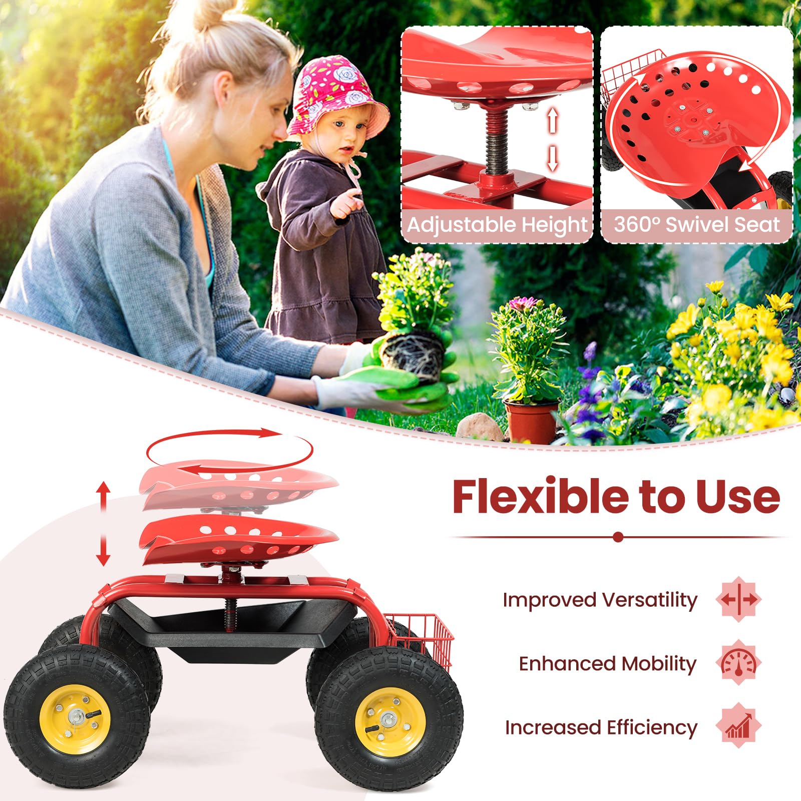 SOARS Siège Roulant de Jardin Pivotant à 360° et Réglable en Hauteur de 46 à 53 CM, Tabouret de Jardinage avec Étagère et Panier, Charge Maximale 150 KG, pour Jardinage et Entretien (Rouge)