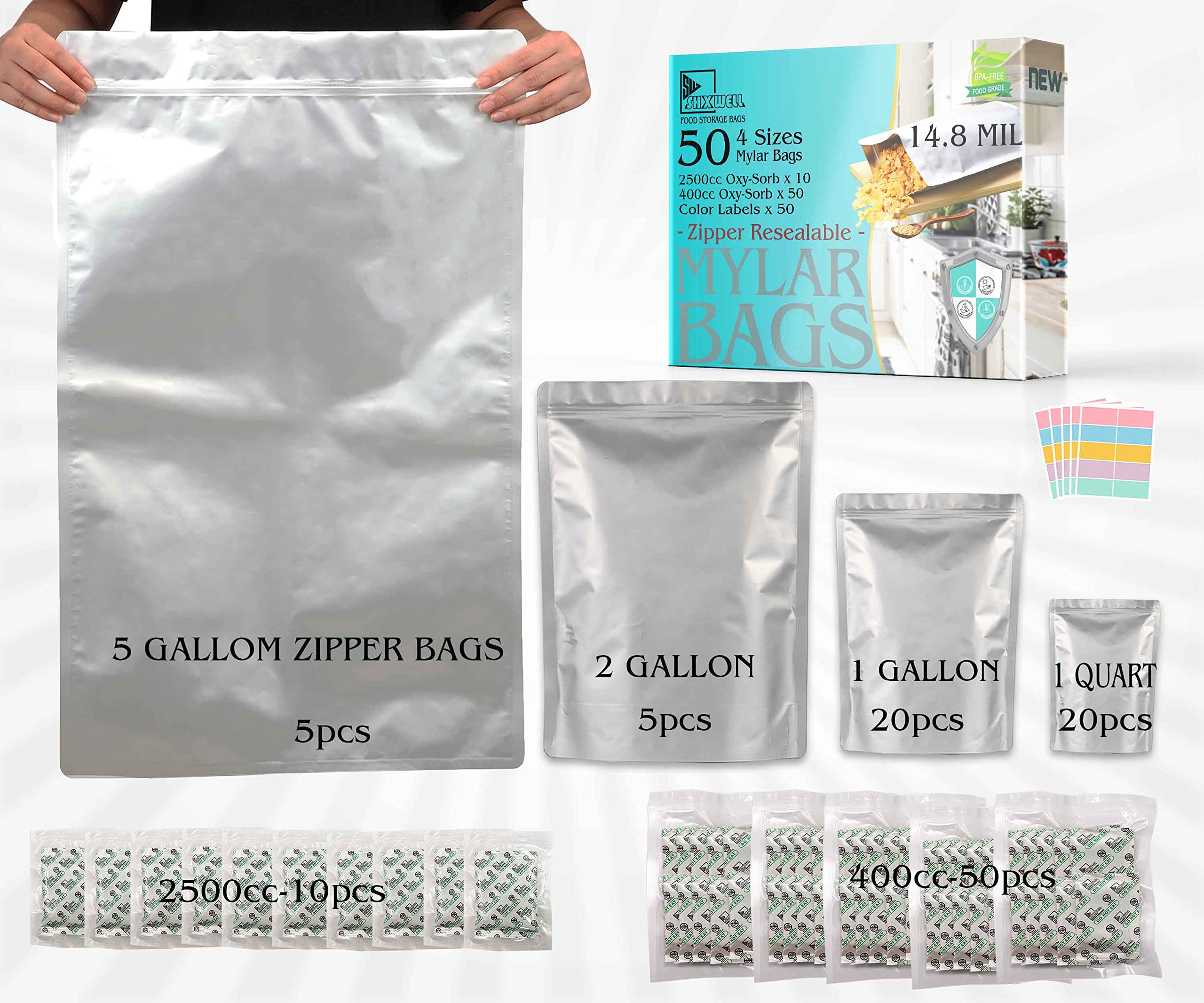 SHXWELL50pcs Mylar Bags for Food Storage With Oxygen Absorbers - 14.8 Mil - 5 Gallon (5pcs) + 2 Gallon (5pcs) + 1 Gallon (20pcs) +1 Quart (20pcs) +2500cc and 400cc Oxy-Sorb (Individually Sealed)