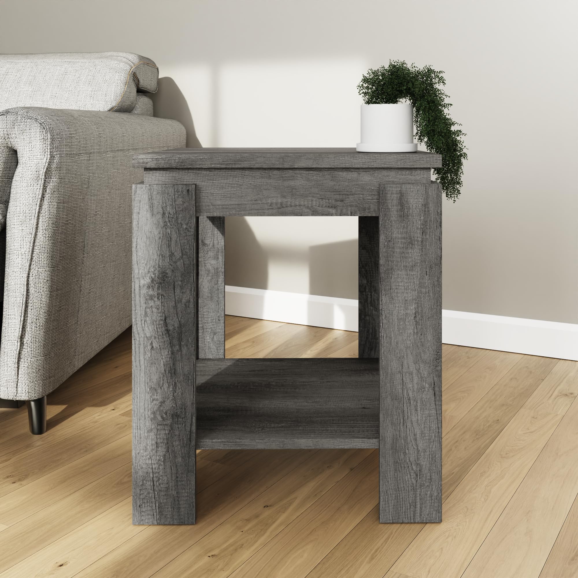 GFW Canyon Lamp Table Charcoal Grey - Distressed Wood Finish - Rustic & Modern Design - H:56 x W:47 x D:47 cm