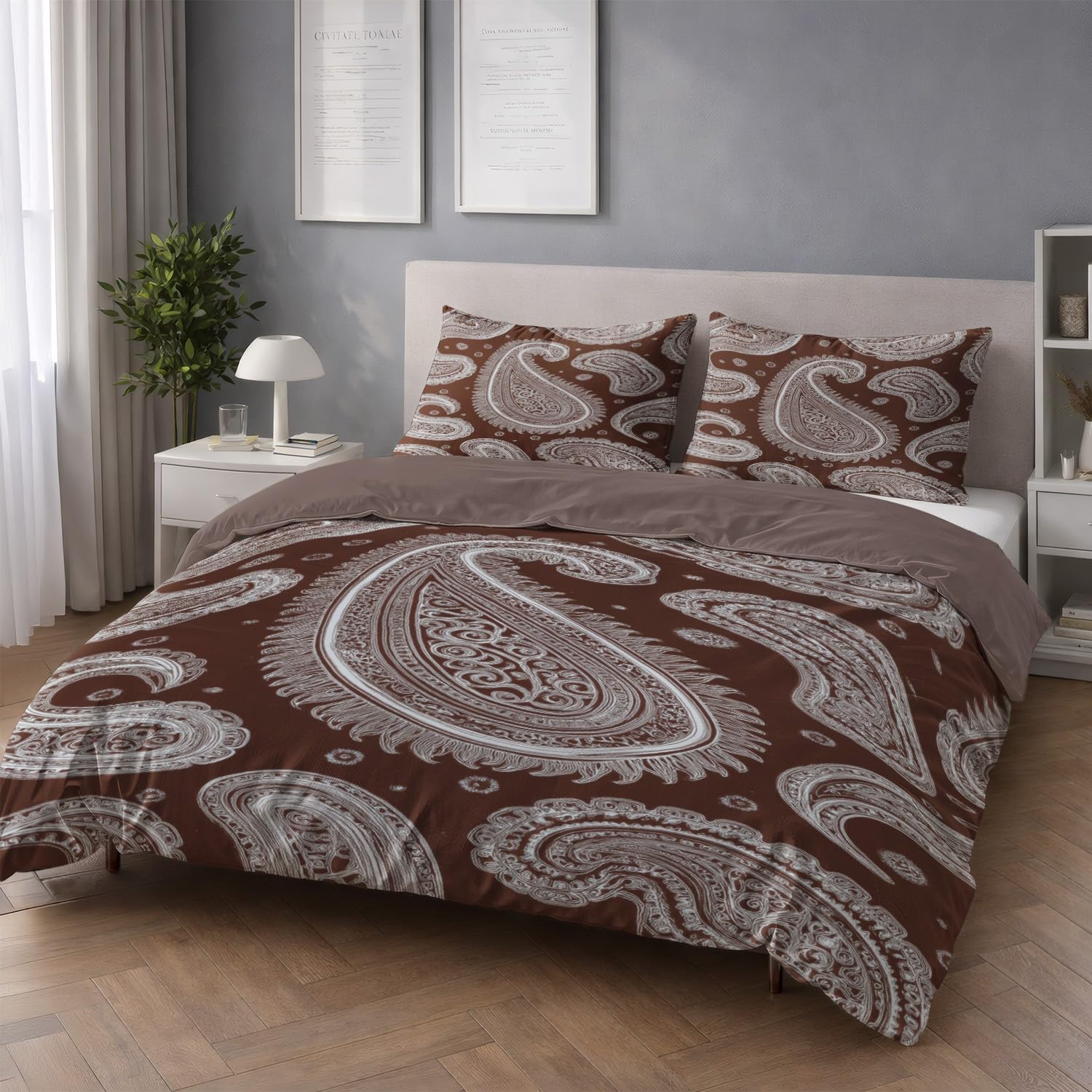 Generic Zestawy poszewek na kołdrę w rozmiarze king size, minimalistyczna, nowoczesna, delikatna pościel z wzorem paisley, brązowo-biała, dwustronna, oddychająca, hipoalergiczna, zestaw pościeli z