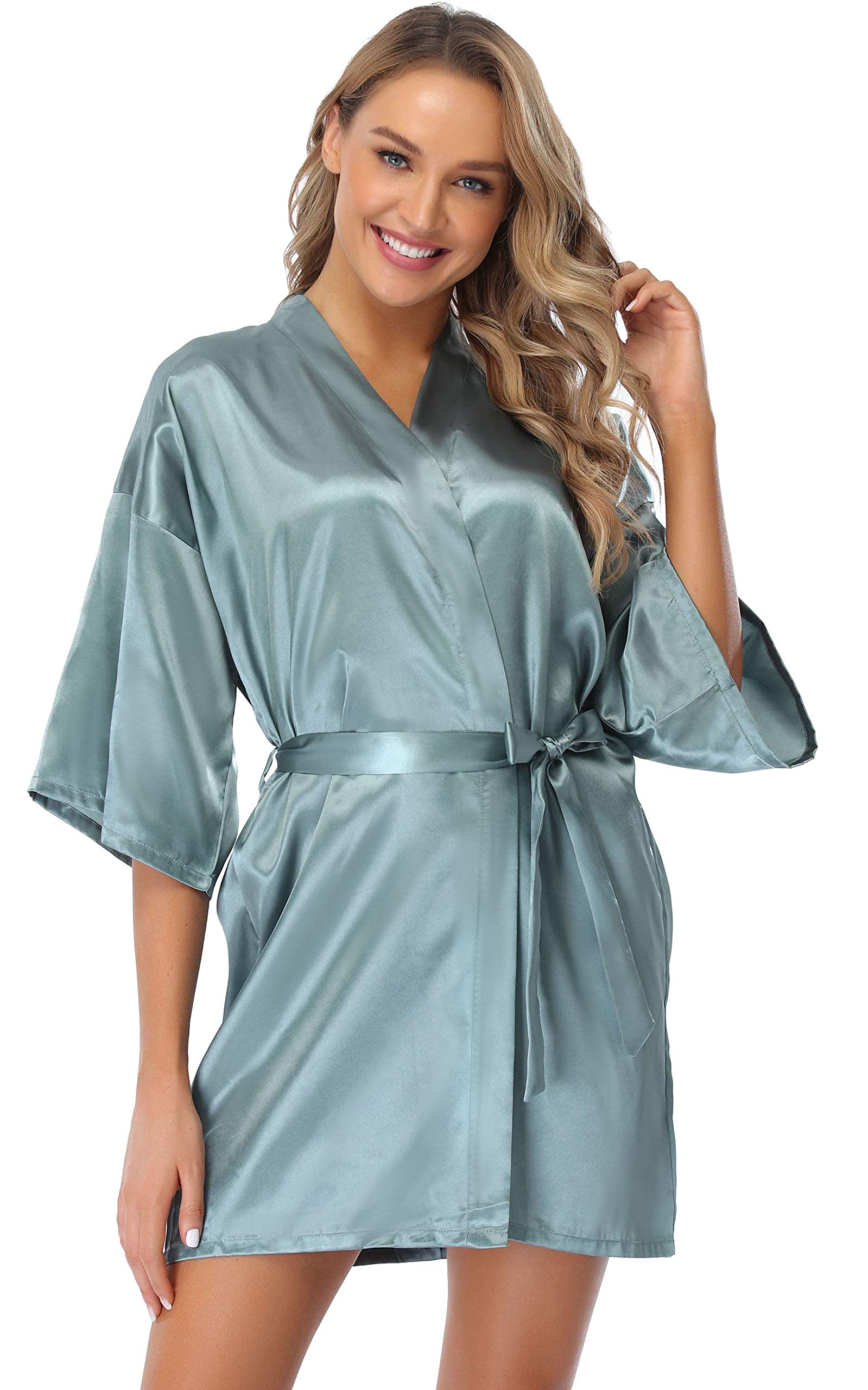 Vlazom Kimono In Raso da Donna,Camicie da Notte Sexy Elegante Scollo V con Cintura Tasche Abito Corto Accappatoi e Vestaglie da Sposa