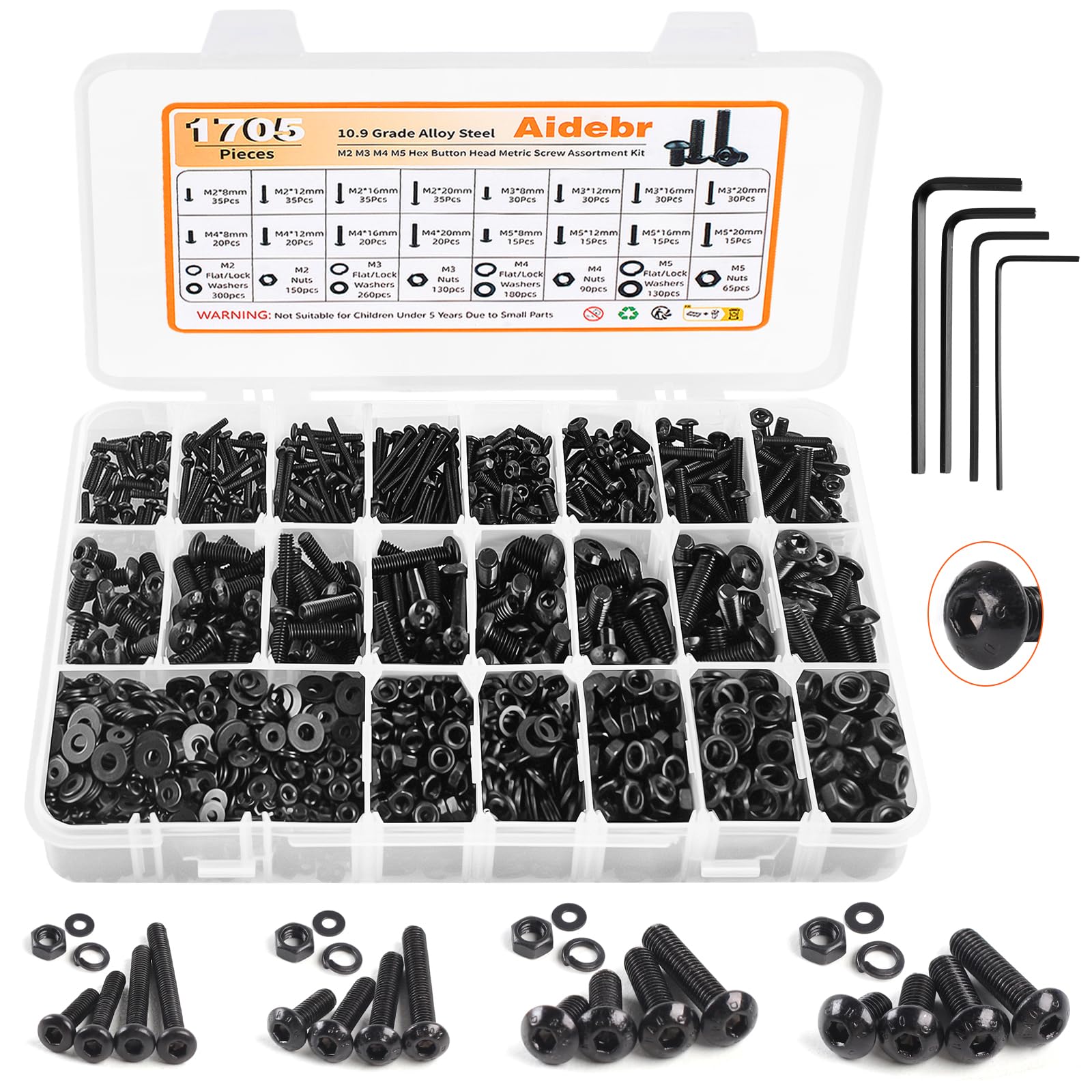 1705PCS Hex Button Head Machine Screw Assortment Kit, M2 M3 M4 M5 Metric Bolts and Nuts Kit with Lock & Flat Washers and Allen Wrench, Grade 10.9