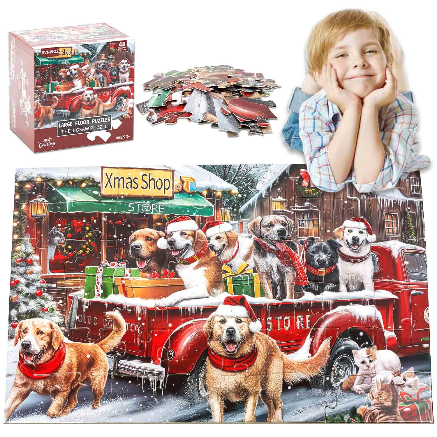 Christmas Jumbo Floor Puzzle for Kids, XMS Shop Dog Animals Jigsaw Large Puzzles 48 Piece for Children, Learning Preschool Educational Toys 3-5 4-8 Years Old Toddler Gift for Girls&Boys
