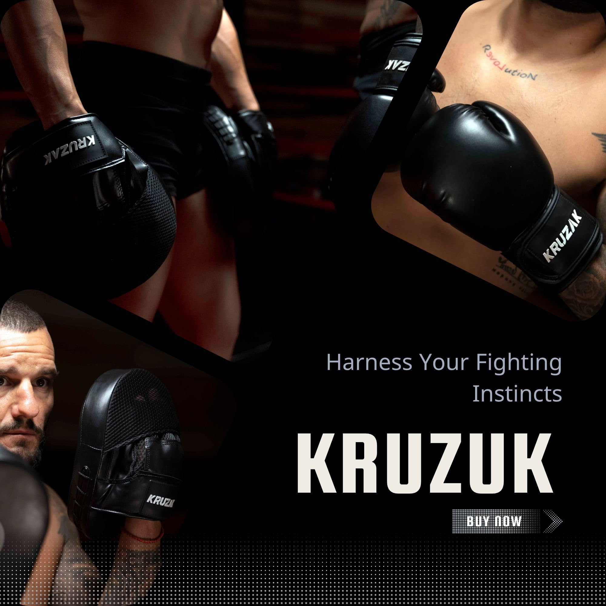 Kruzak Set di guanti da boxe e guanti da boxe per kickboxing e Muay Thai MMA Training - Kit fitness con pastiglie per arti marziali e karate (colore nero, 340,2 g)
