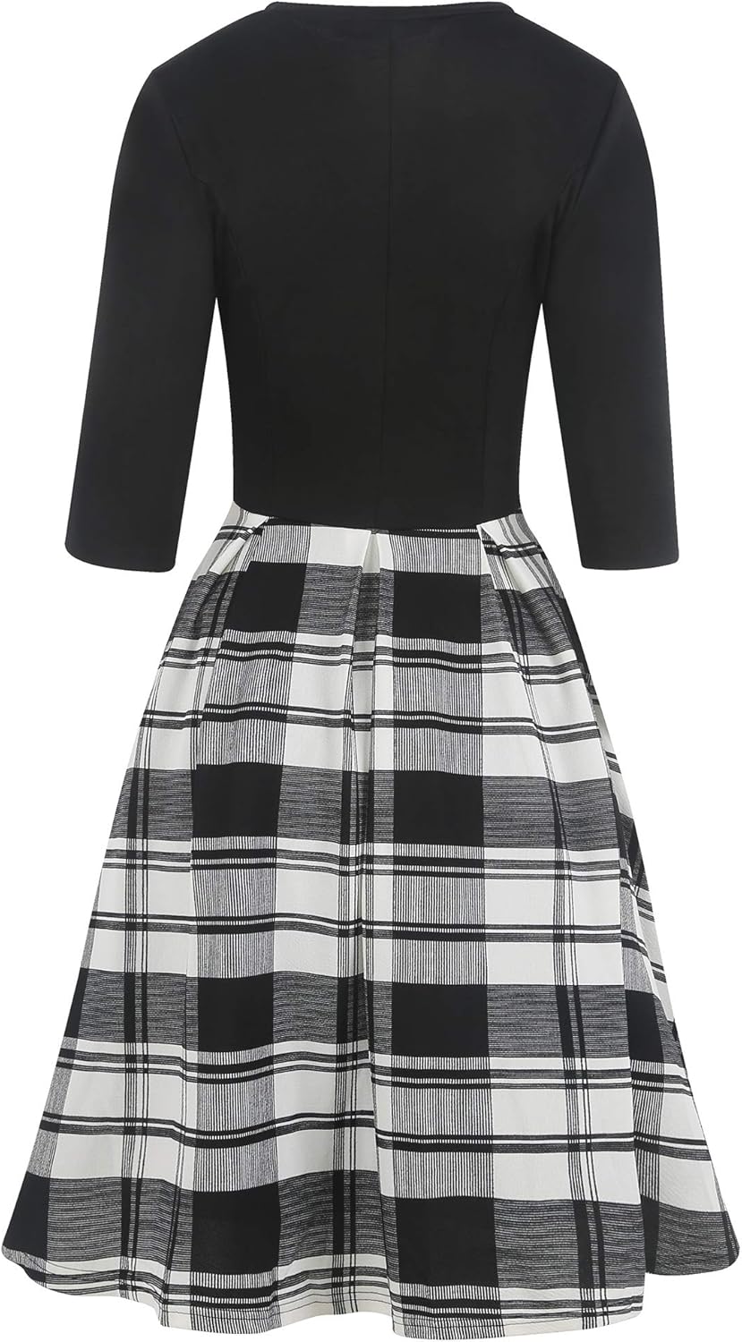 oxiuly Women's Vintage Half Sleeve O-Neck Contrast Casual Pockets Party Swing Dress OX253 - Image 4