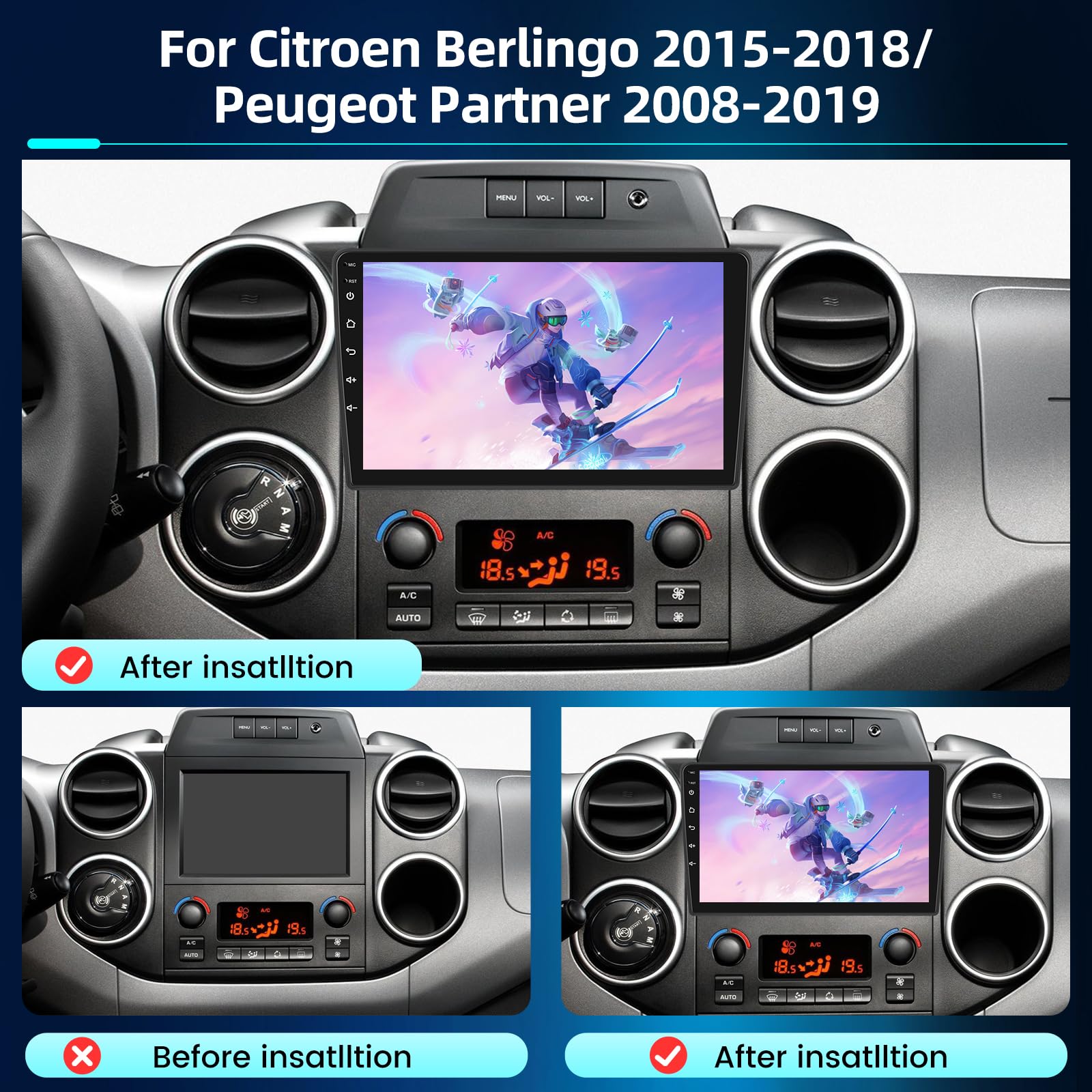 NHOPEEW 4+64G Radio Auto per Citroen Berlingo 2015-2018/Peugeot Partner 2008-2019 - Radio Android da 9 Pollici con Senza fili Carplay e Android Auto Schermo Diviso + Telecamera di Retromarcia