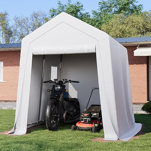 Aoxun 6x8x7 FT Outdoor Portable Storage Shed Tent Upgraded Frame with Roll-up Zipper Door and Window Portable Carport with Waterproof Tarp for Motorcycle, Generator, Bike Storage (Milky White)