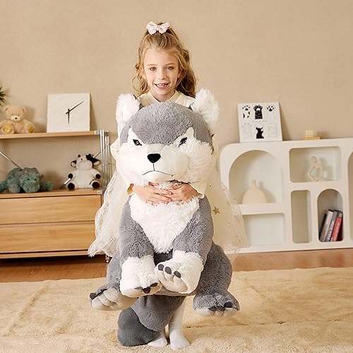 Miniatura 7 de EARTHSOUND Juguete de peluche de lobo gigante de 23 pulgadas, juguetes suaves grandes y gigantes, de gran tamaño, esponjoso, de gran tamaño, regalos