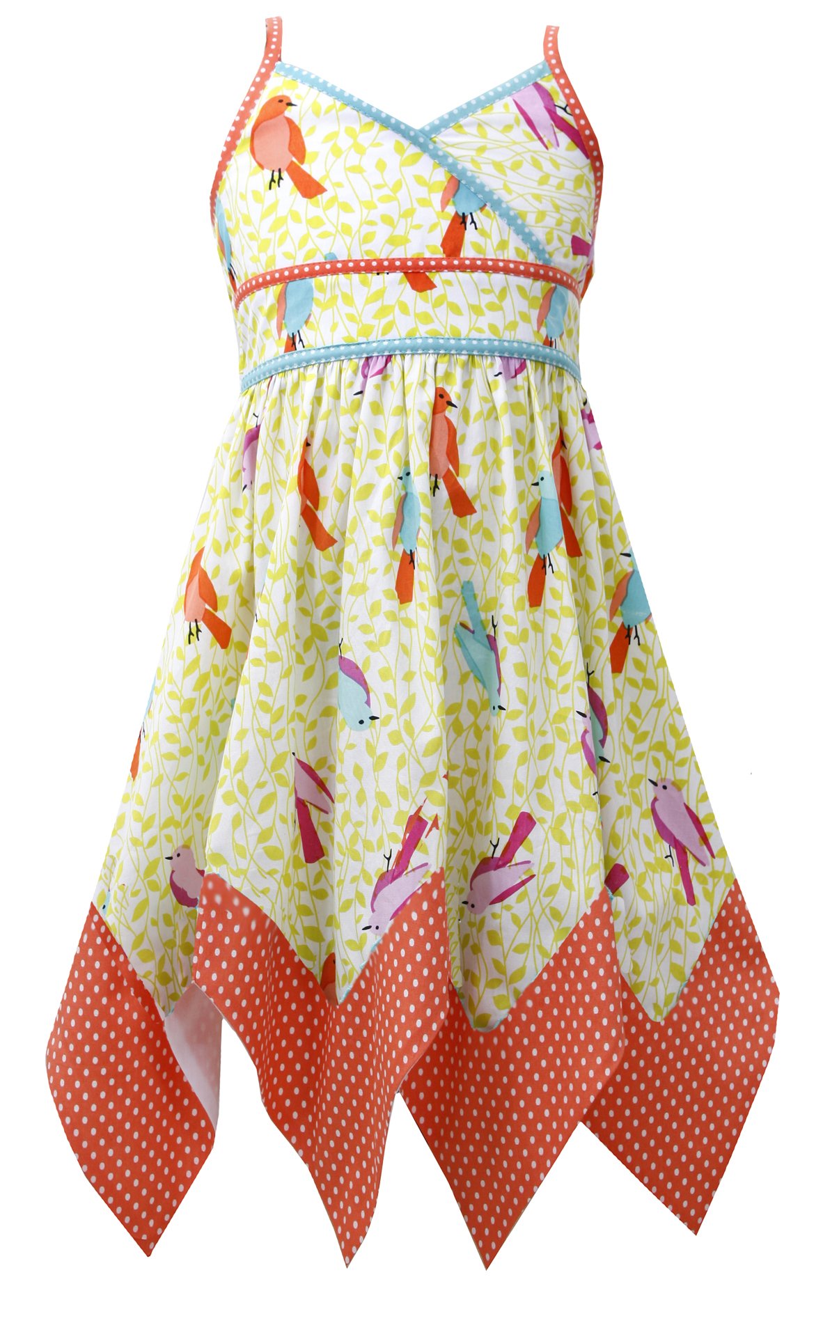 Tween Girls 7-16 Lime-Green Multi Cross Over Floral Bird Print Hanky Hem Dress