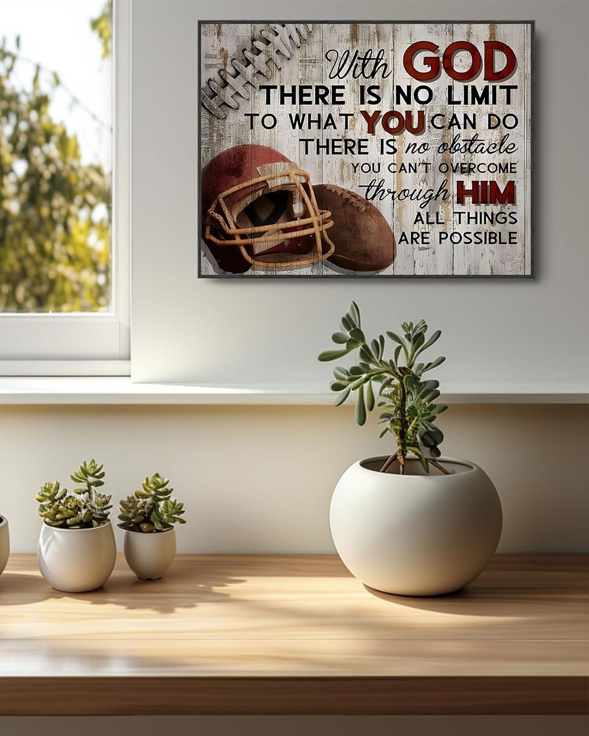 Rustic Football Faith Wall Art Black Framed - God Inspirational Quote Decor，Christian Sports Vintage Wood Print 12x16 Inches for Men’s Cave Bedroom Christian Sports Fans