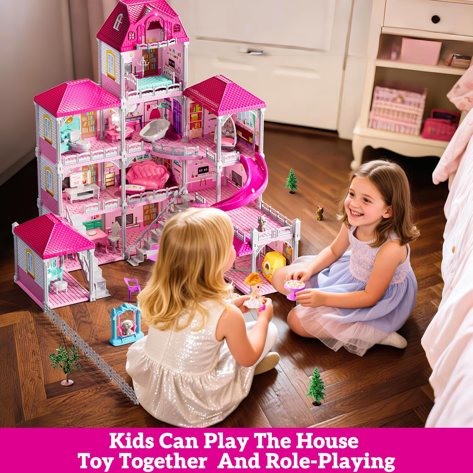 JUKUDAHU Villa Playset for Girls Ages 3-7, 4-Story 12 Room House with 2 Dolls, Furniture and Accessories, Indoor Playset Girls Toys for Ages 6-8, Pretend Toddler Toy, Birthday Gifts for Kids 4-8