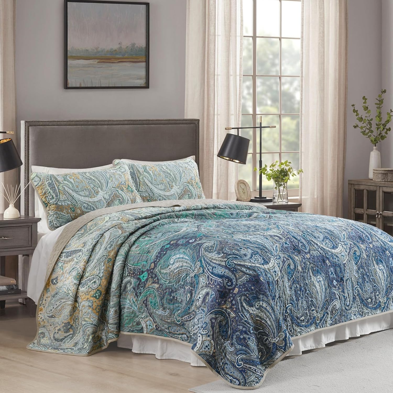 DJY Paisley Quilt Set Queen Size, Boho Bedspread Coverlet Set 3 Pieces, Khaki Blue Ombre Paisley Floral Pattern Quilted Bedding Set, Soft Microfiber Bedspread with for All Season, 96''x90'' - Image 2