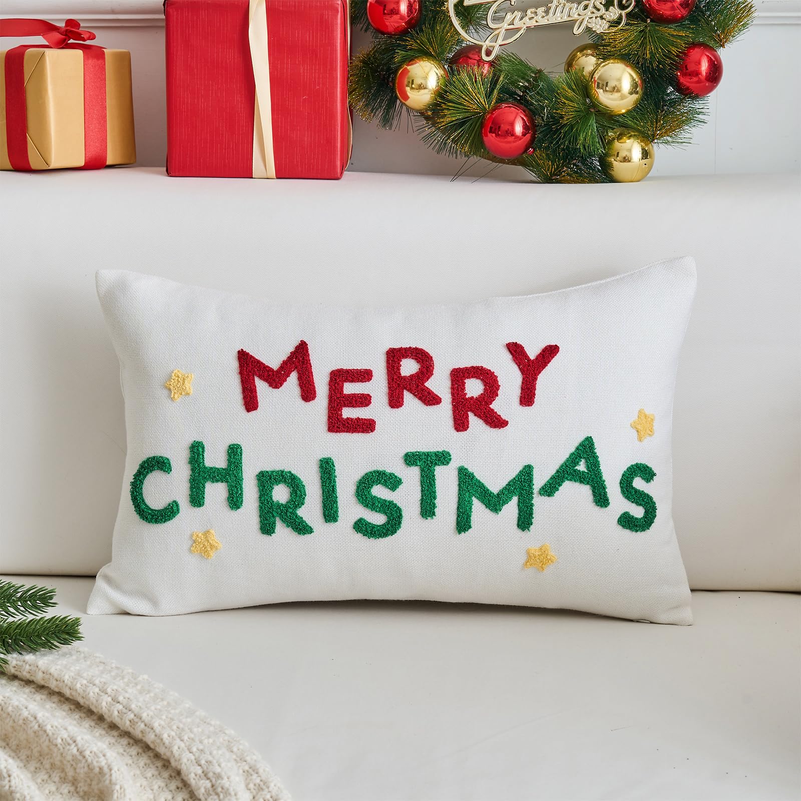 Merry Christmas Pillow Covers 12x20 Inch Red and Green Embroidered Throw Pillows Xmax Outdoor Winter Holiday Cushion Cases for Sofa Couch
