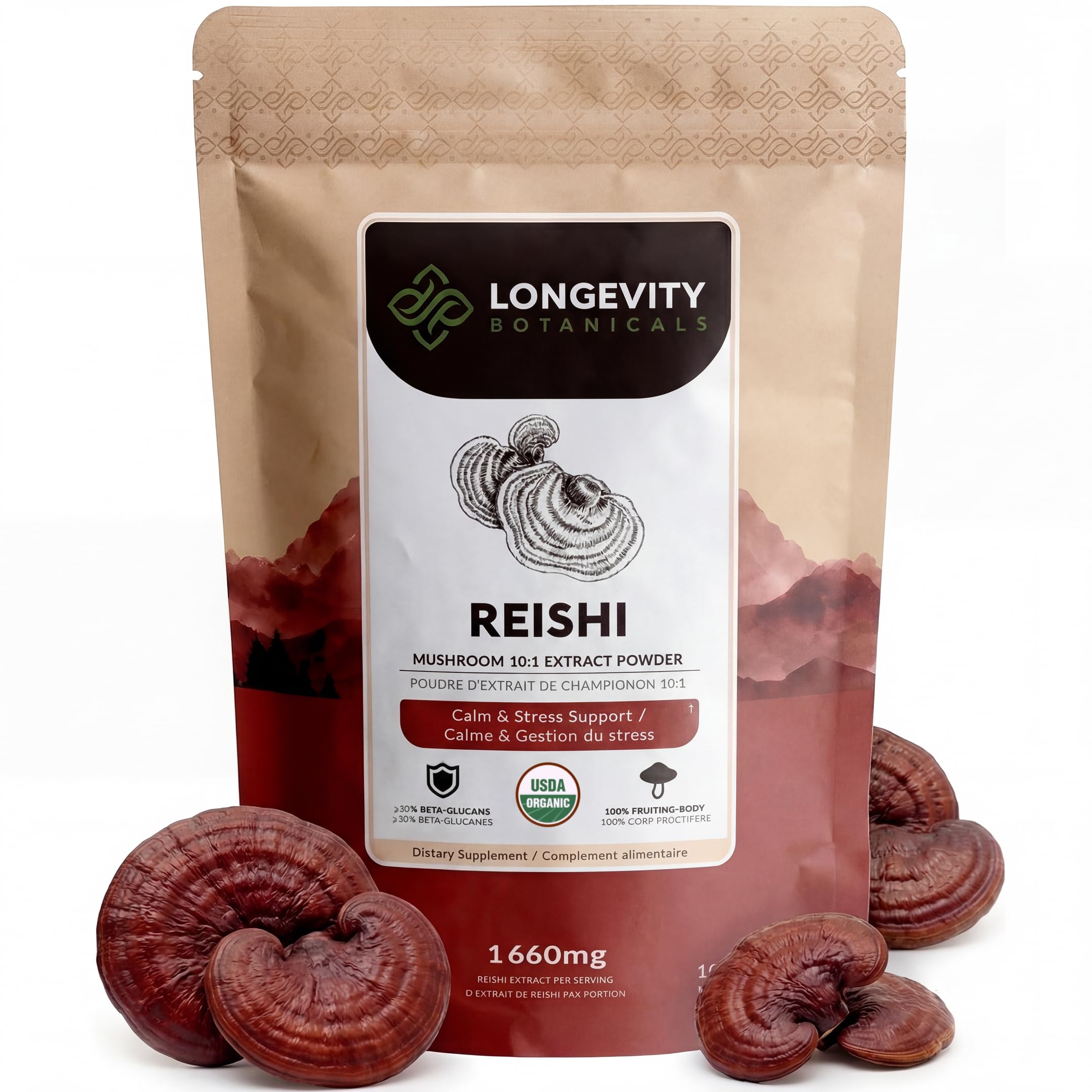 Longevity Botanicals Suplemento de Reishi em Pó, Extrato de Ganoderma lucidum, 30% beta-D-glucanos, 1.660 mg por porção, 100 g