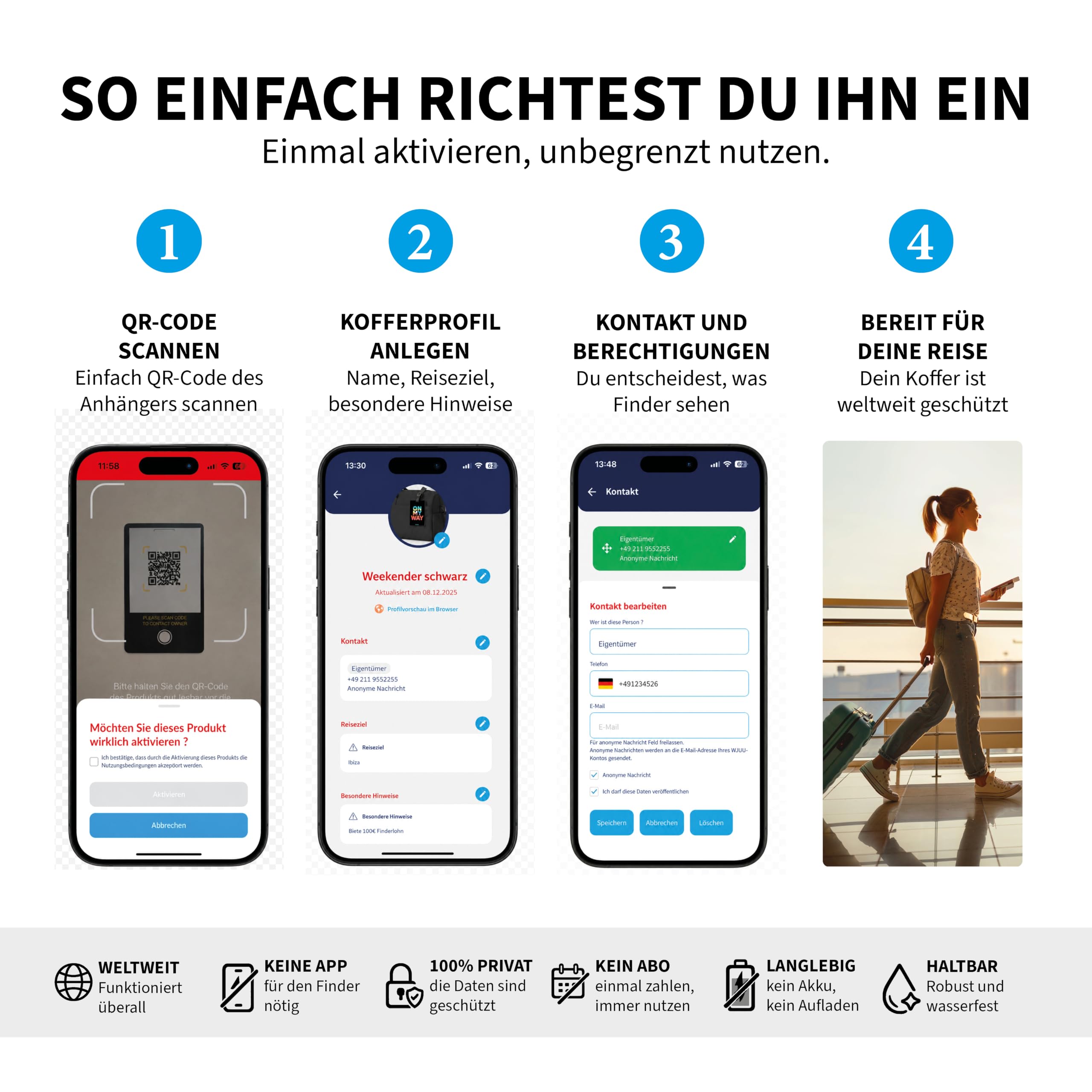 Lot de 3 étiquettes de bagage intelligentes « On my way » - Profil numérique avec application - Contact de recherche par message et téléphone