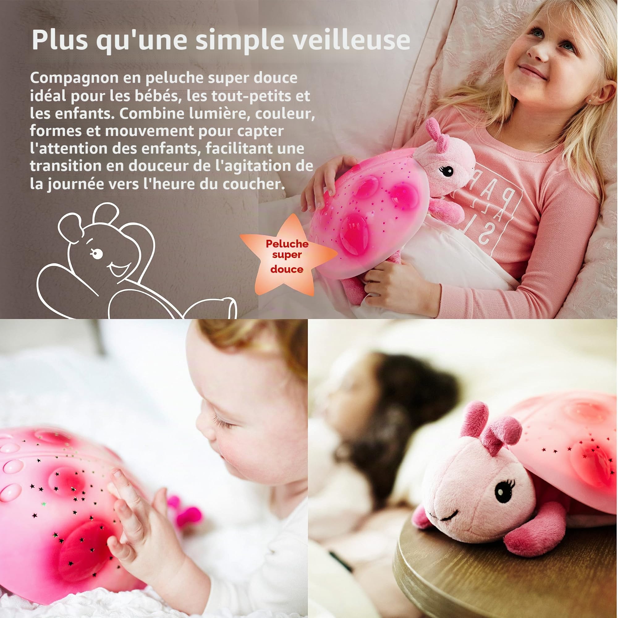 Cloud b Veilleuse Apaisante Projecteur d'étoiles | Luminosité douce | 3 Couleurs | 7 Constellations | Arrêt automatique | Veilleuse Tortue Twilight Ladybug Rose