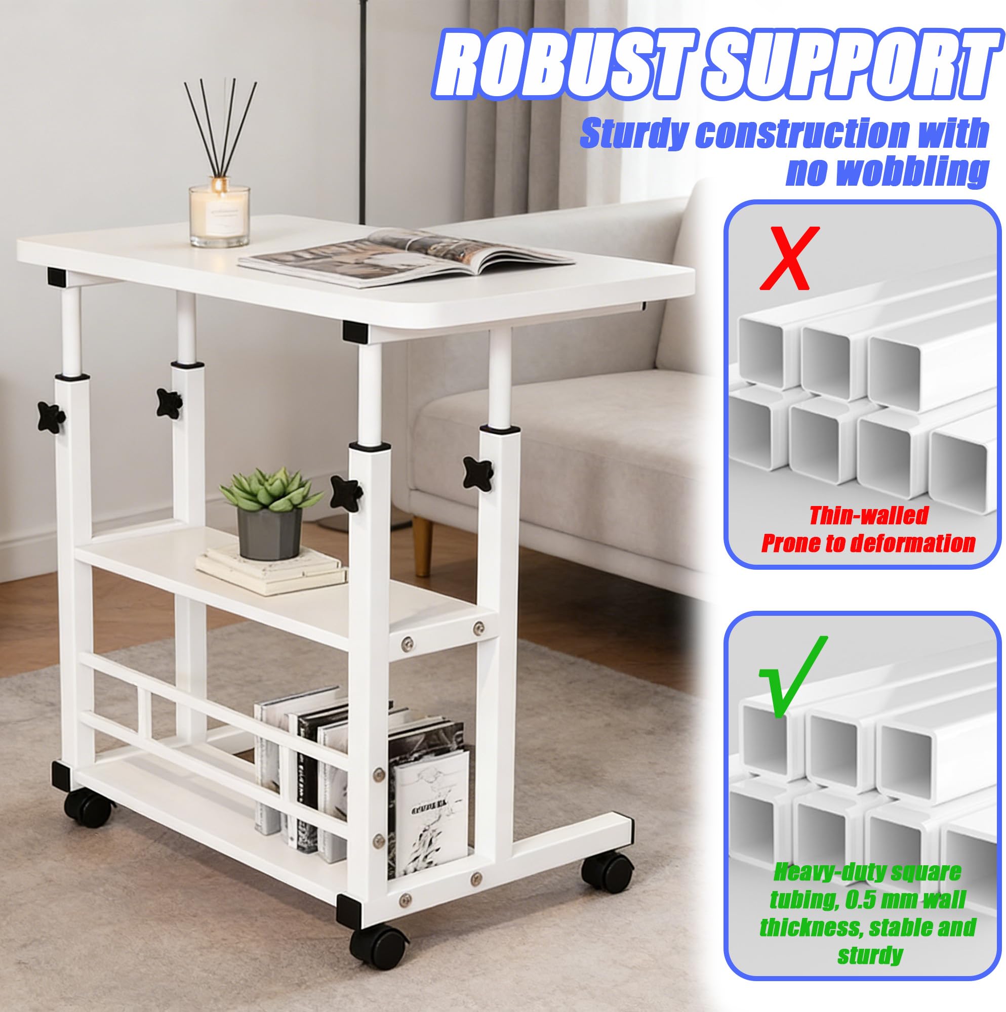 Verdego Escritorio de altura ajustable, mesa auxiliar con ruedas, 2 estantes, mesa de PC 40 x 60 x 56 – 82 cm, ahorra espacio, pequeña mesa portátil para ordenador para oficina en casa, sofá, cama