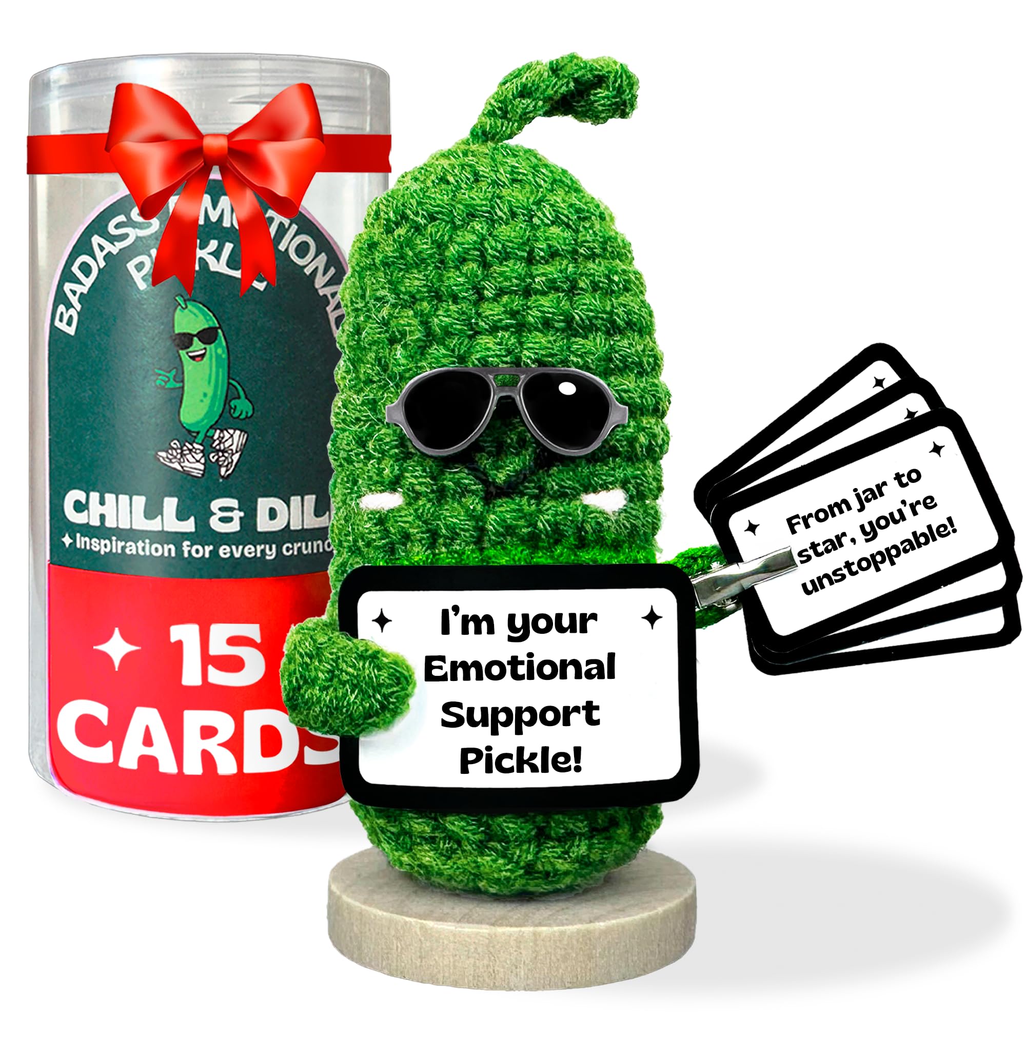 Almacura Emotional Support Pickle. Premium Handmade Crochet Plush. 15 Motivational Swappable Cards and Customizable QR Messages. Funny Gift for