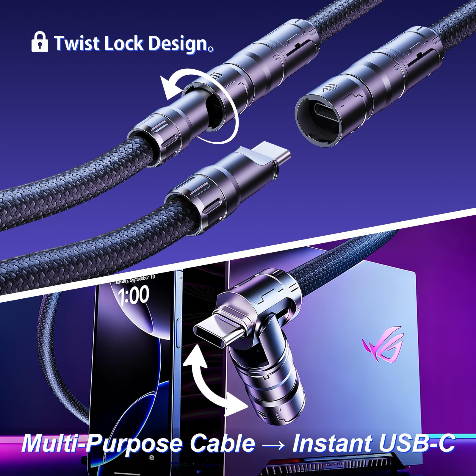 Cable de teclado en espiral mixto, USB C a A, nailon trenzado para teclado mecánico de juegos con conector de aleación de zinc, bloqueo de un solo toque y barra pesada, soporta teclado