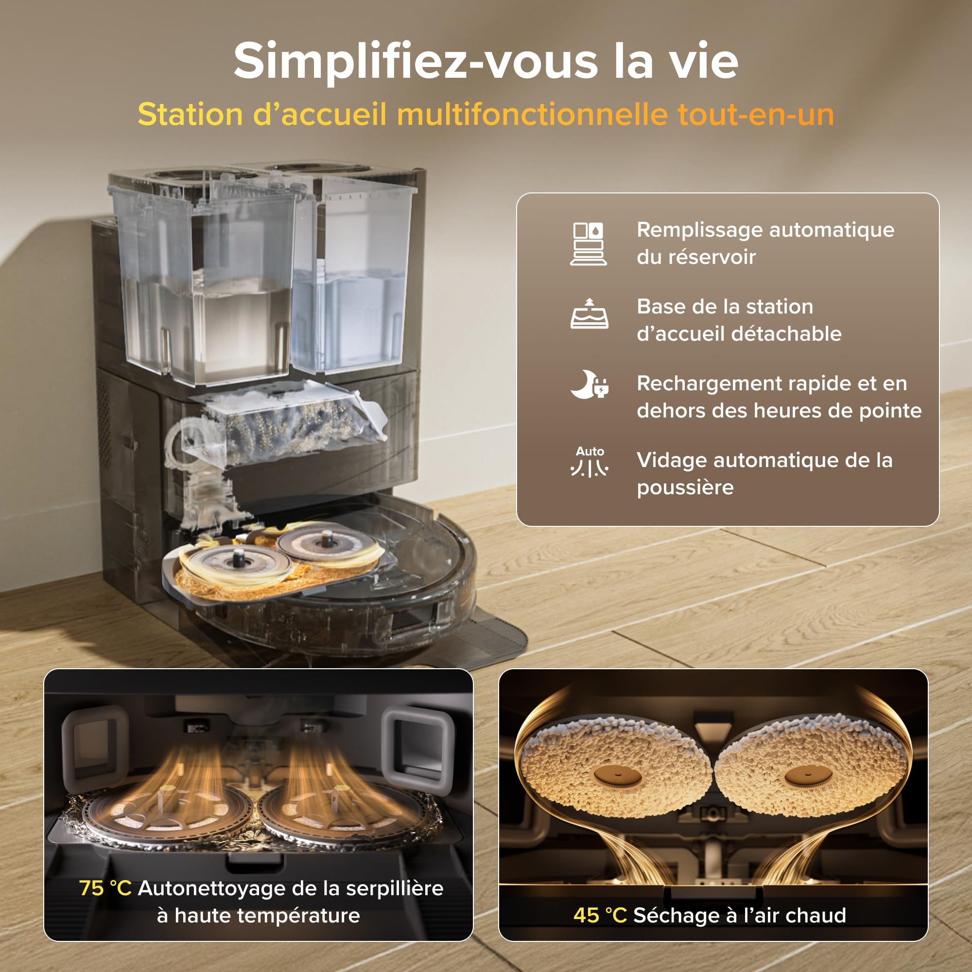 roborock Qrevo S Pro Robot Aspirateur Laveur, 18 500 Pa, 45 °C Séchage à l’air Chaud, 75 °C Autonettoyant à Haute Température, Évitement d'obstacles et Navigation Intelligente, Anti-enchevêtrements