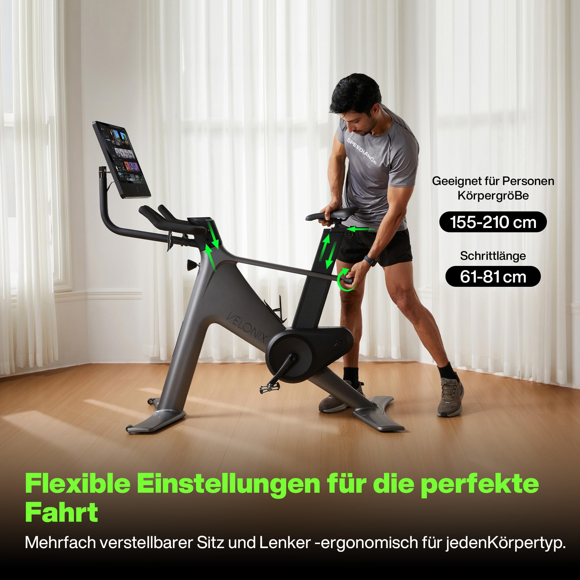 Speediance VeloNix Heimtrainer Fahrrad – Smart Bike mit Steigungs-/Gefällesimulation, 2300 W Powertrain, ±1% Watt-Genauigkeit, 21,5-Zoll Touchscreen, App-Konnektivität