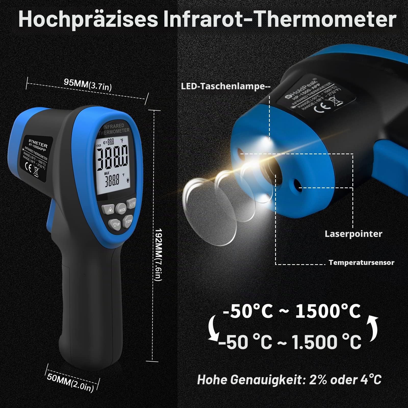 BTMETER Infrarot-Thermometer mit Bluetooth, 30:1 Dual-Laser Pyrometer, -50 °C ~1500 °C Kontaktloses Infrarotthermometer, Einstellbarer Emissionsgrad(nicht für Menschen)