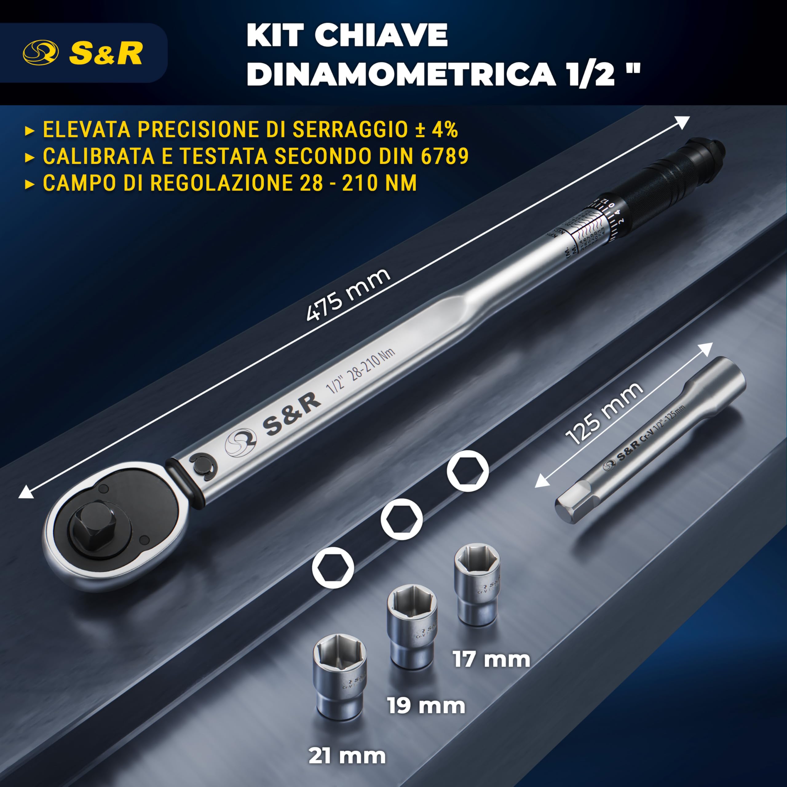 S&R Chiave Dinamometrica Auto 1/2. Set Chiave Dinamometrica Moto Professionale 28-210 Nm con Prolunga e Bussole da 17, 19, 21mm. Torque Wrench 47.5 cm. Custodia Pratica e Robusta.