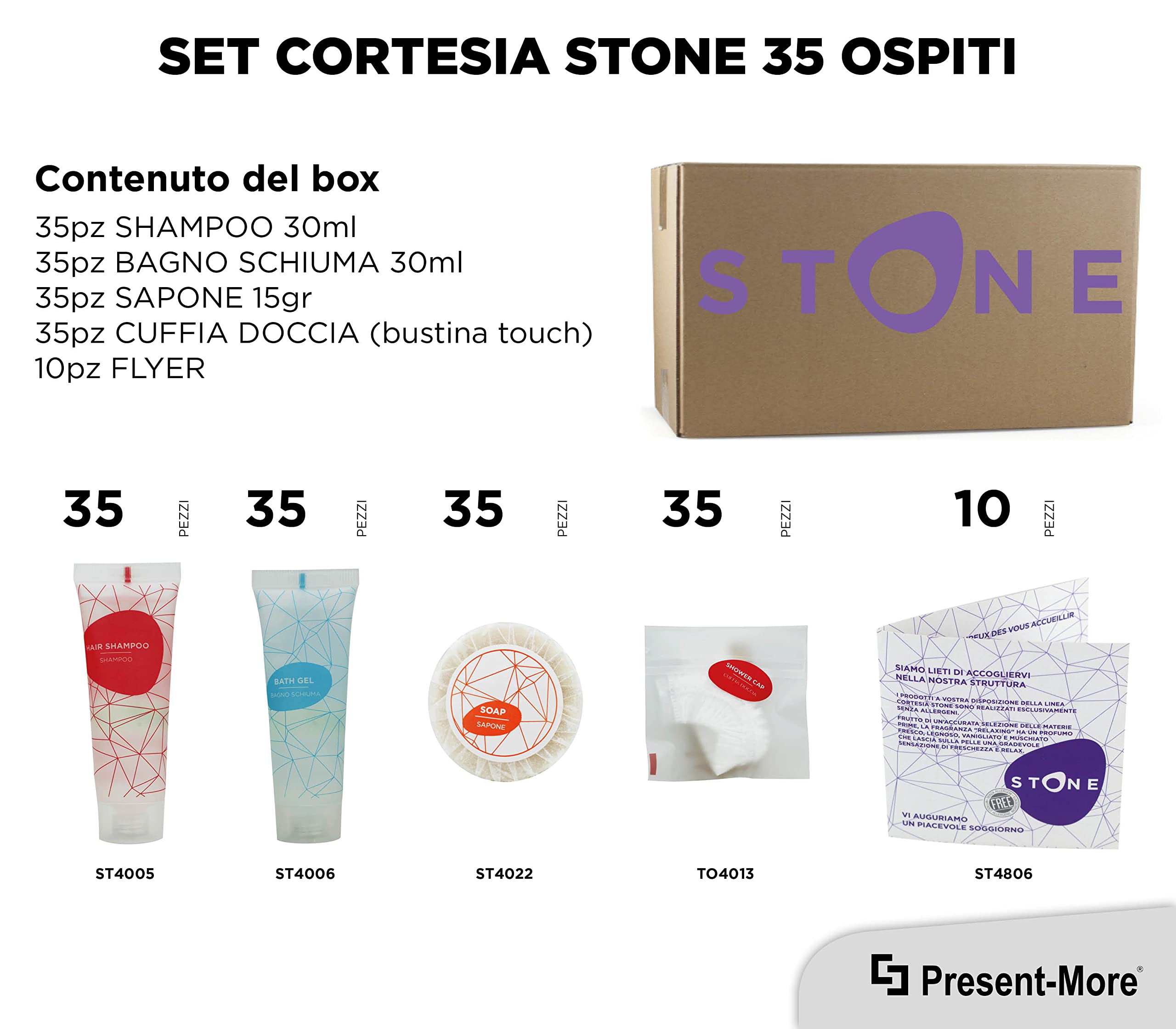 Present-More Amenities Kit Stone - Toilettenartikel 35 Gäste für Hotels und B&B | Allergenfreie Amenities Kit mit Duftnote Relaxing