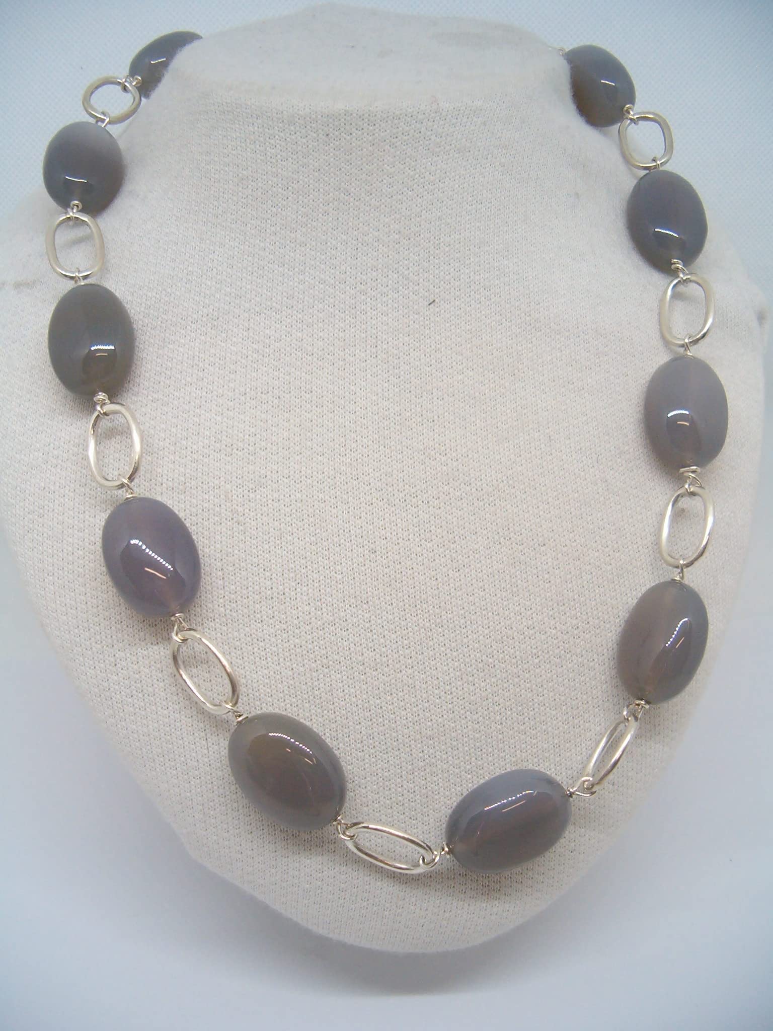 Collana in Argento 925 e Agata Grigia Naturale - Girocollo con Pietre Dure - Chiusura con Moschettone