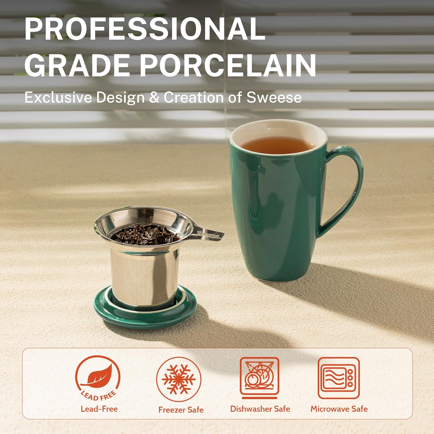 Sweese 15 OZ Porcelain Tea Mug with Infuser and Lid, Loose Leaf Tea Cup, Gifts for Tea Lover, Sage Green - Image 3