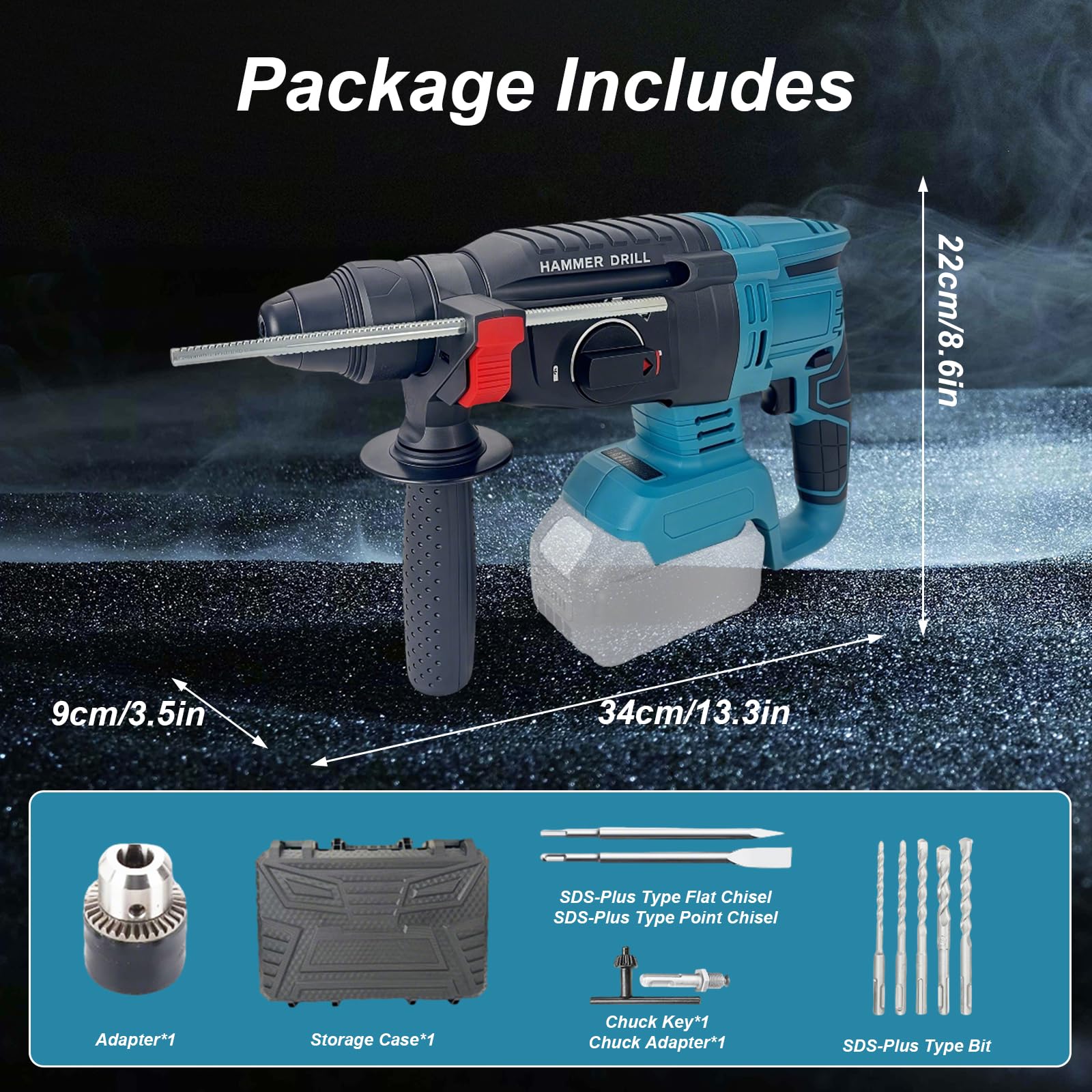 2,6 J Taladro Percutor a Bateria Compatible con Makita 18V, Martillo Perforador 1300W con Empuñadura Antivibración, Martillo Demoledor para Hormigón/Mampostería/Madera/Metal (Batería no Incluida)