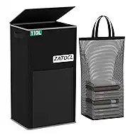110L Laundry Hamper with Lid with Washing Bag & Front Mesh Bag, Large & Tall Laundry Basket, Collapsible Dirty Clothes Hampers for Bedroom Aesthetic, Bathroom, Dorm, Laundry Room - Easy Carry, Black